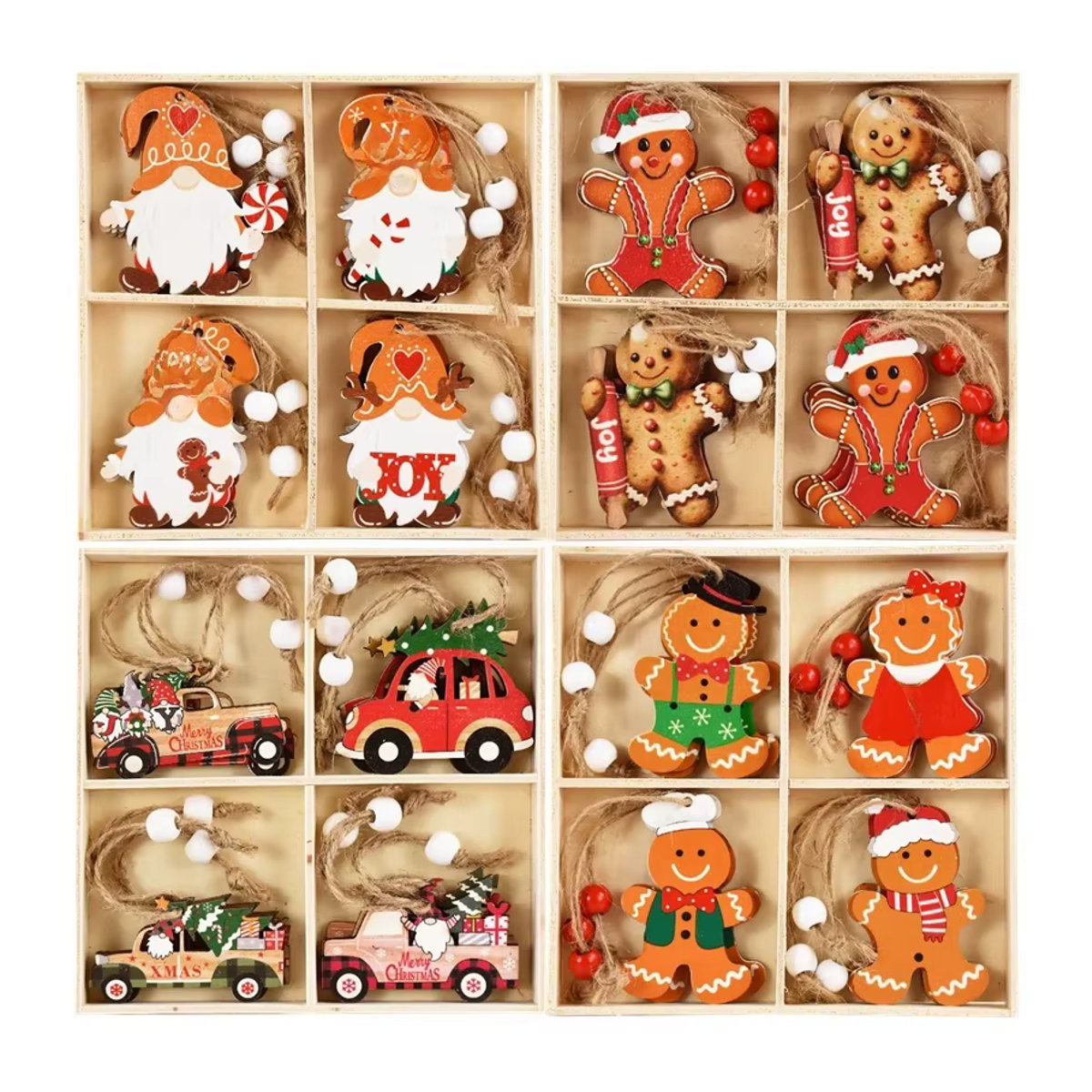 12er Set CHIXINHAPPY Weihnachts Hängeornamente aus Holz mit Lebkuchenmann Figuren in Mehrfarbig und rustikalem Design - Bild 4