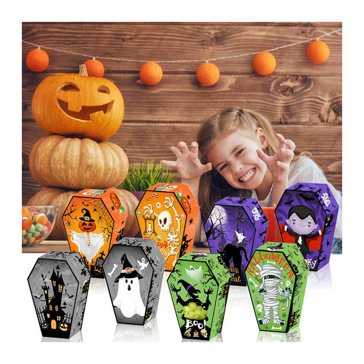 12er Set Halloween Sarg Boxen aus Papier in Mehrfarbig für Süßigkeiten und Cookies - Bild 1