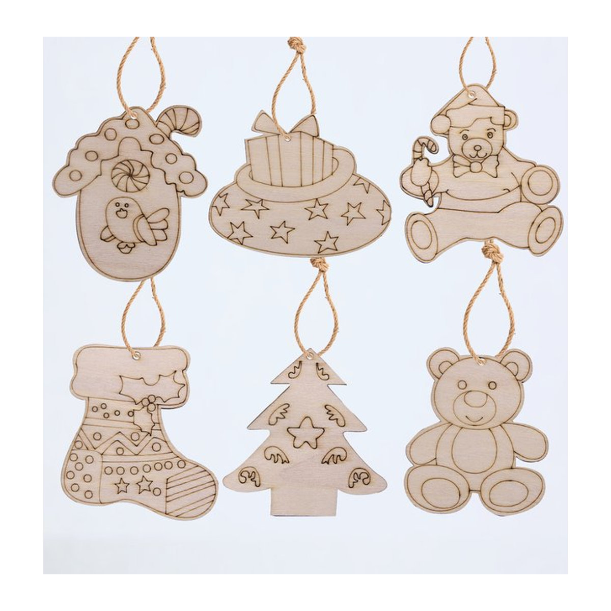 12er Set Holz Hängeornamente für Weihnachten in Beige mit Engel, Schneemann und Tieren im skandinavischen Design - Bild 1