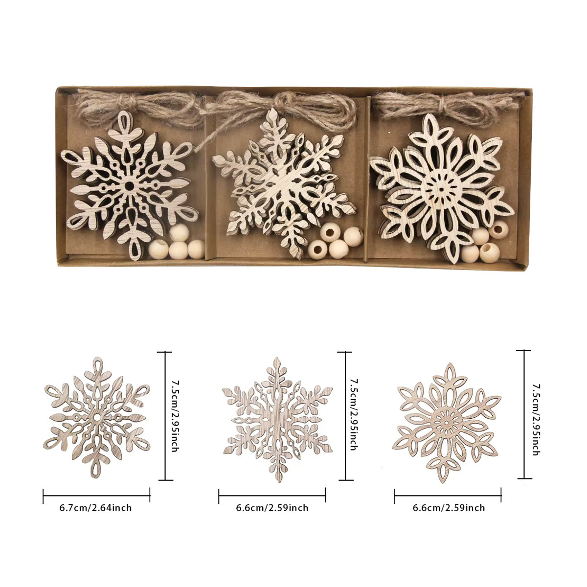 12er Set hölzerne Schneeflocken-Hängeornamente in Beige für Weihnachtsbaum-Dekoration und DIY-Malprojekte - Bild 3