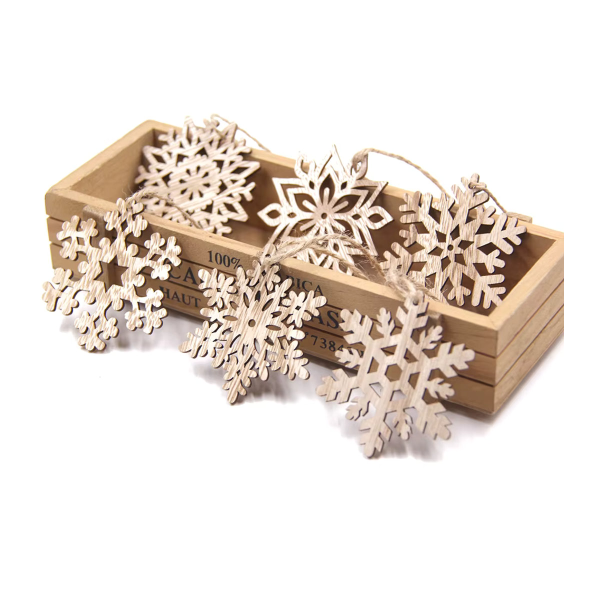 12er Set hölzerne Schneeflocken-Hängeornamente in Beige für Weihnachtsbaum-Dekoration und DIY-Malprojekte - Bild 4