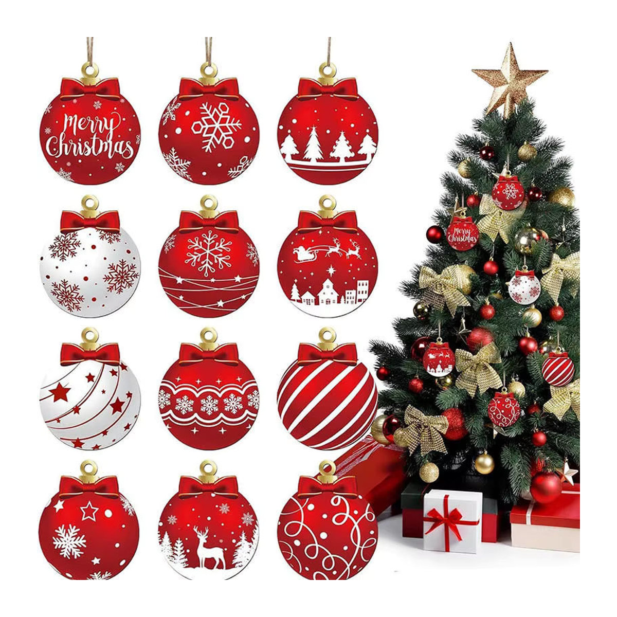 12er Set rote Weihnachtsbaum Kugeln als Hängeornamente zur Dekoration - Bild 4