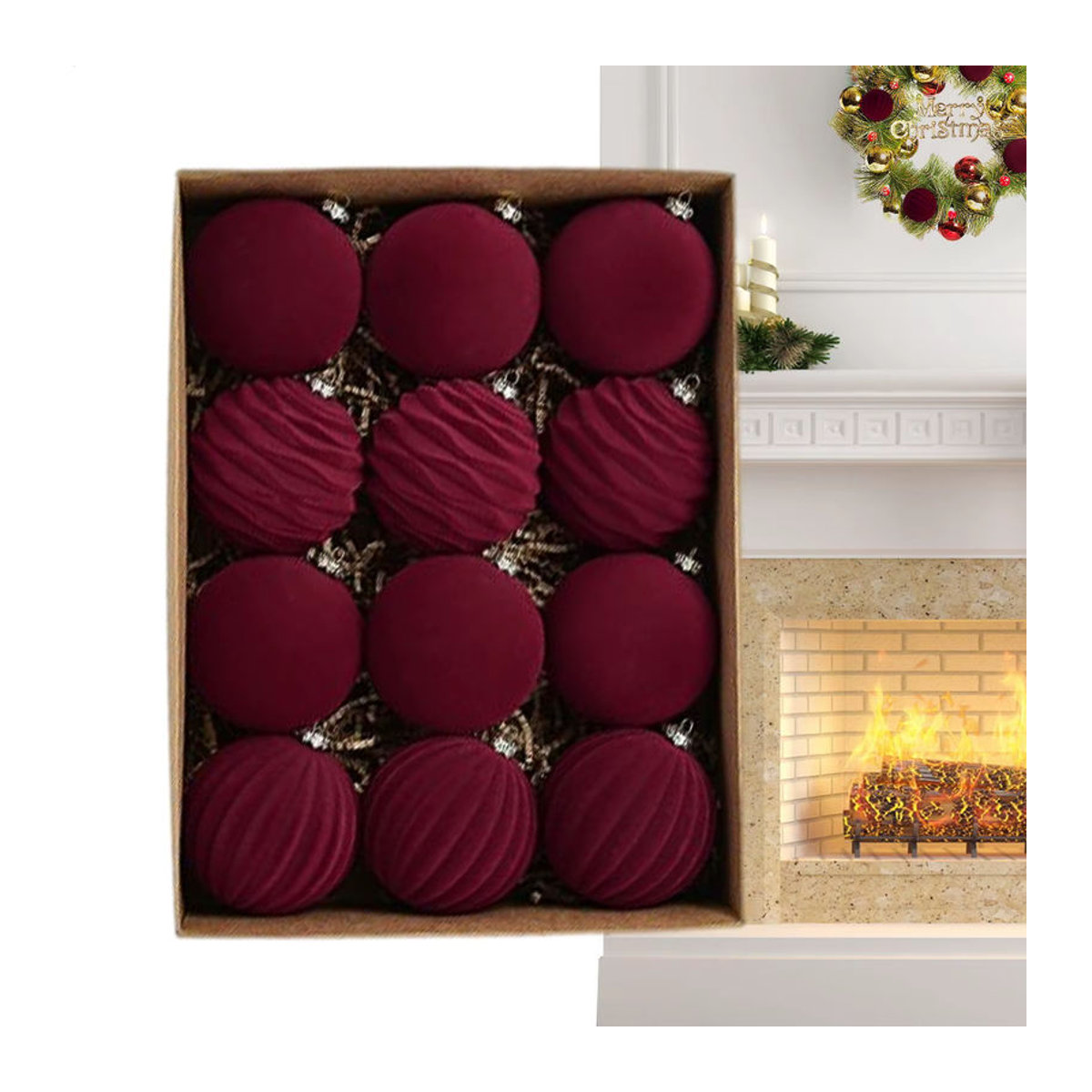 12er Set Samt Weihnachtsbaum Kugeln in Rot und Mehrfarbig, Runde Hängeornamente aus Textil mit Durchmesser: 8 cm - Bild 2