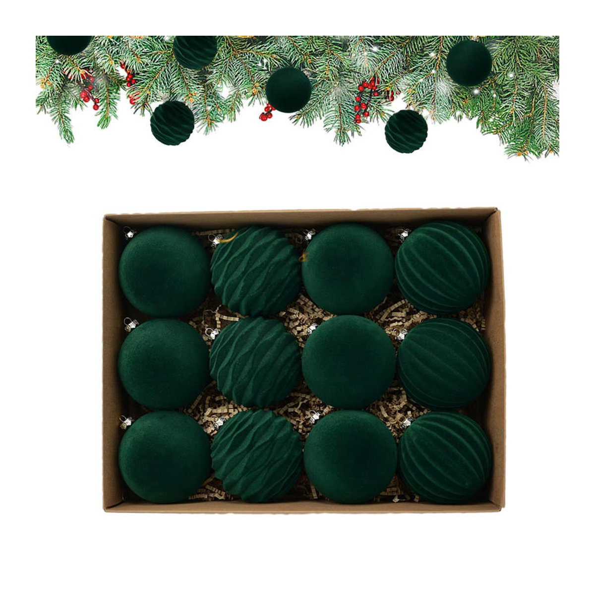 12er Set Samt Weihnachtsbaum Kugeln in Rot und Mehrfarbig, Runde Hängeornamente aus Textil mit Durchmesser: 8 cm - Bild 3