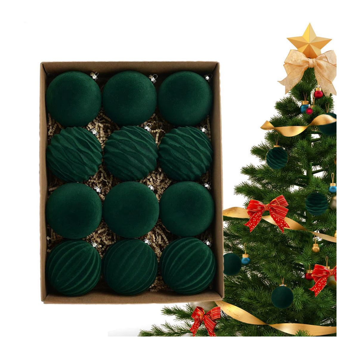 12er Set Samt Weihnachtsbaum Kugeln in Rot und Mehrfarbig, Runde Hängeornamente aus Textil mit Durchmesser: 8 cm - Bild 4