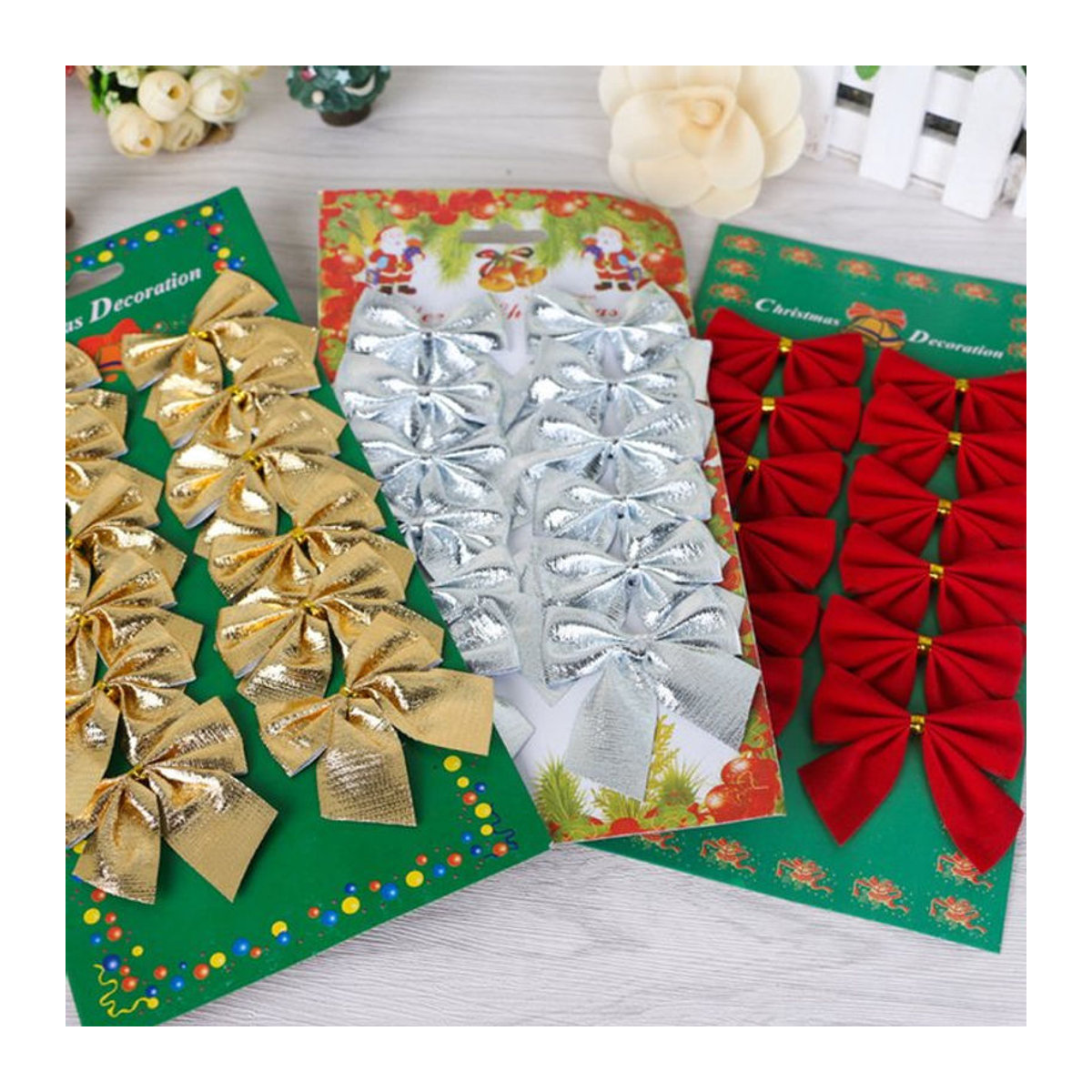 12er Set Textil-Weihnachtsschleifen in Rot, Gold und Silber zur Dekoration - Bild 1