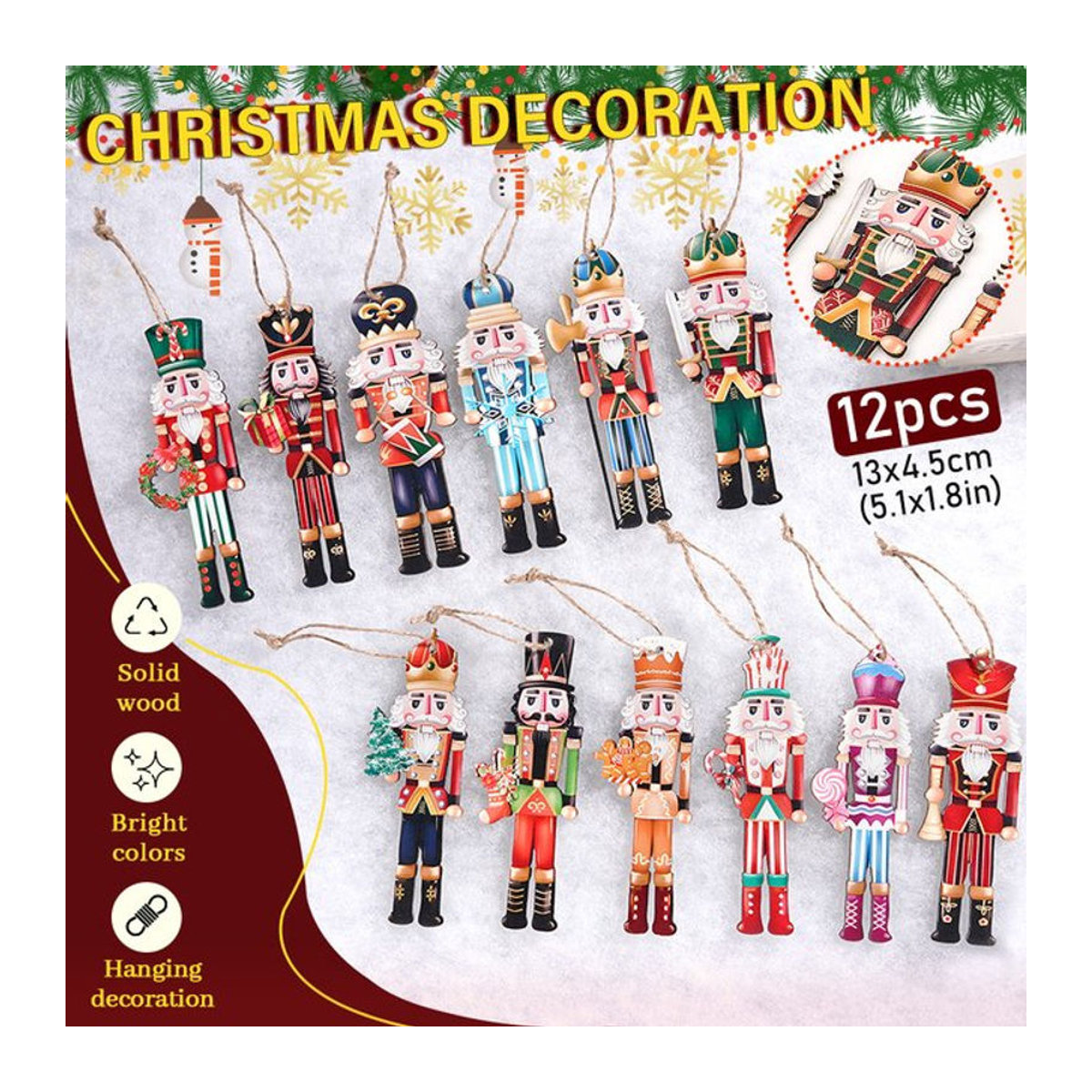 12er Set Weihnachts-Nussknacker aus Holz als mehrfarbige Hängeornamente für deinen Weihnachtsbaum - Bild 1