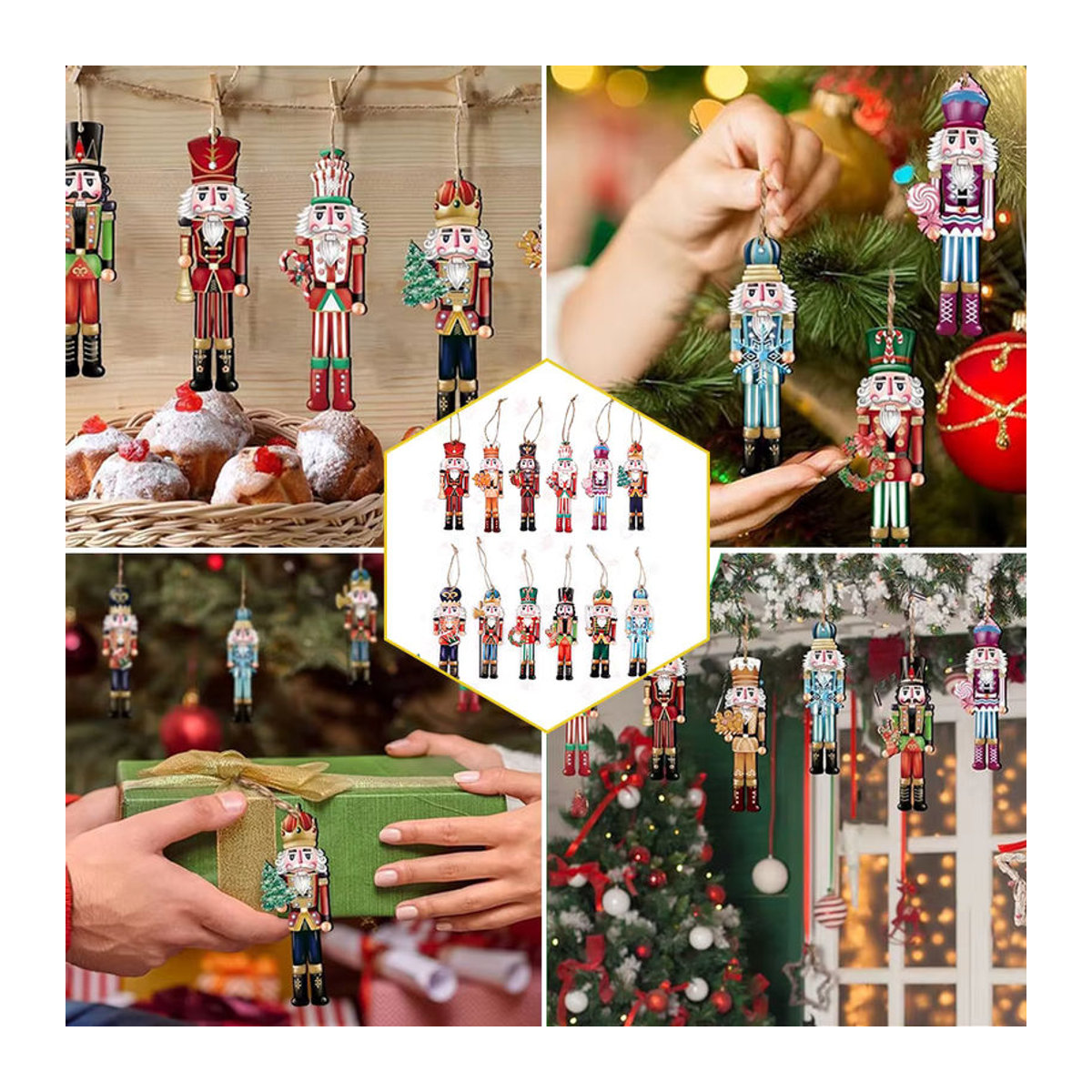 12er Set Weihnachts-Nussknacker aus Holz als mehrfarbige Hängeornamente für deinen Weihnachtsbaum - Bild 3
