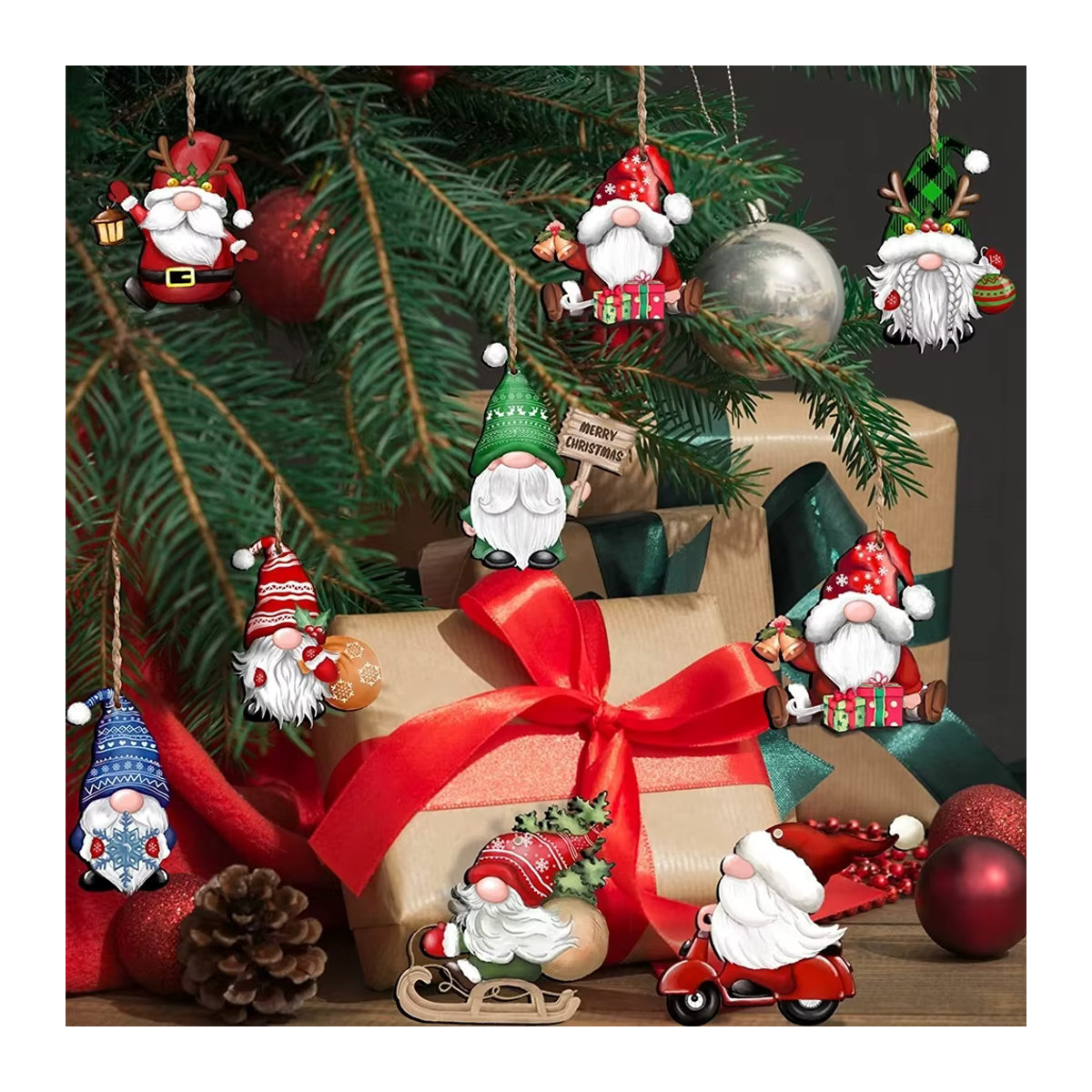 12er Set Weihnachtsmann Holz Hängeornamente mehrfarbig für Weihnachtsbaum und Party Deko - Bild 3