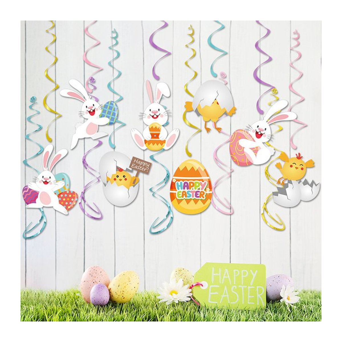 13 Stück CYZIWEIN Ostern Spirale Anhänger Set, bunte hängende Dekoration mit Kaninchen, Karotten und Eiern aus Papier - Bild 1