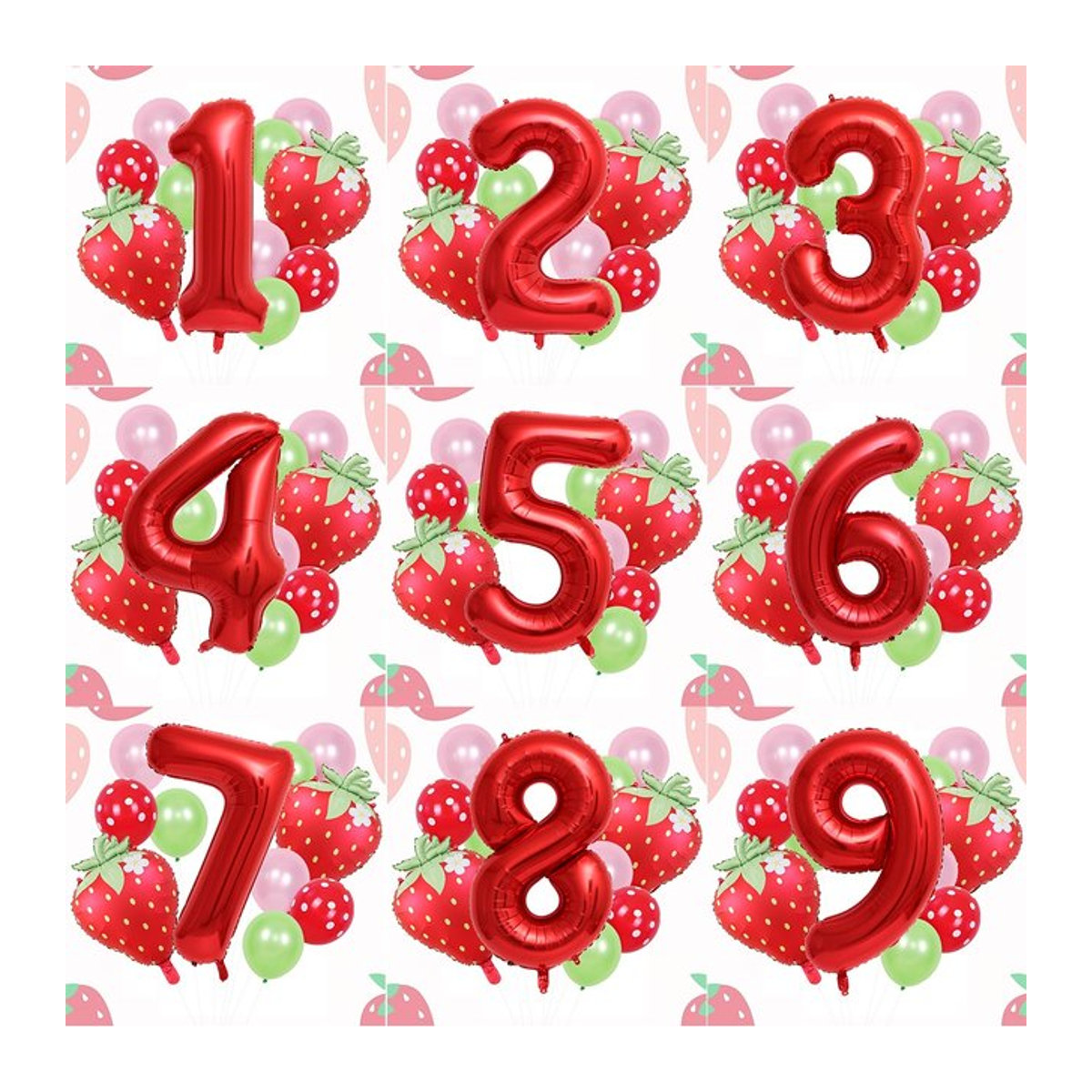 13-teiliges Erdbeer-Ballon-Set in Rot mit gepunkteten Latexballons und Aluminiumfolienballons für deine Geburtstagsdekoration - Bild 1