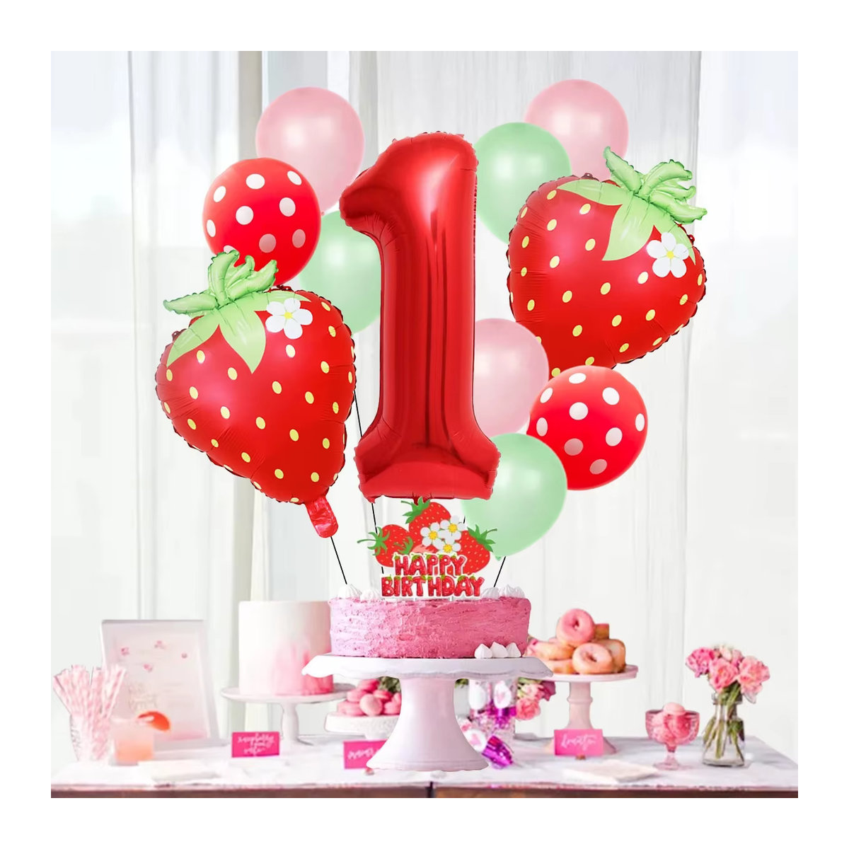 13-teiliges Erdbeer-Ballon-Set in Rot mit gepunkteten Latexballons und Aluminiumfolienballons für deine Geburtstagsdekoration - Bild 2