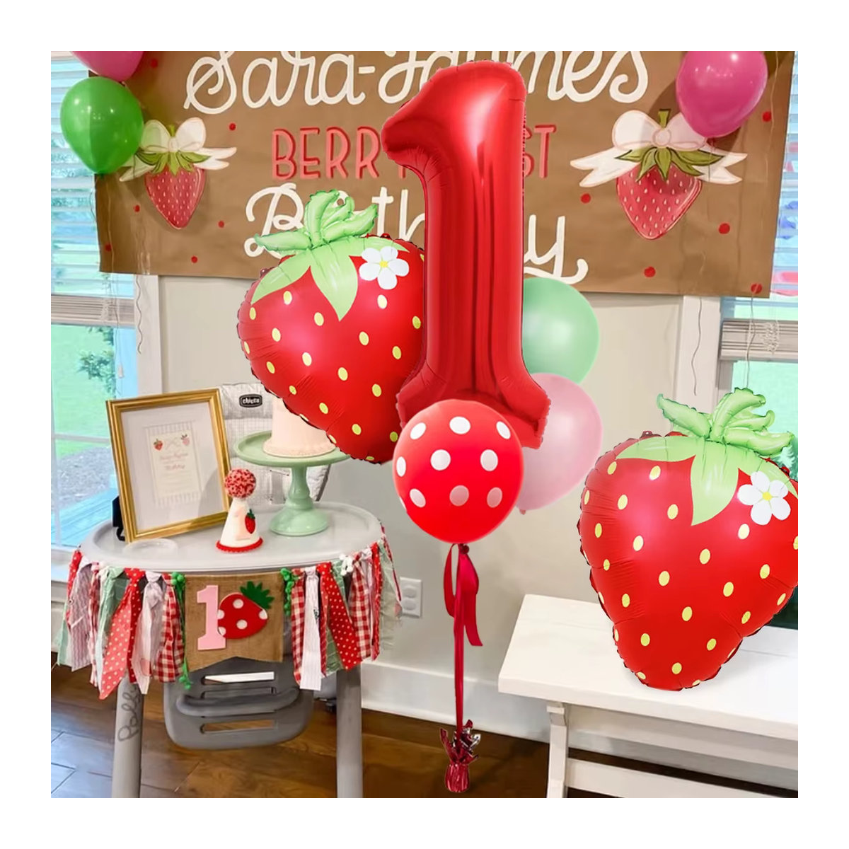 13-teiliges Erdbeer-Ballon-Set in Rot mit gepunkteten Latexballons und Aluminiumfolienballons für deine Geburtstagsdekoration - Bild 4