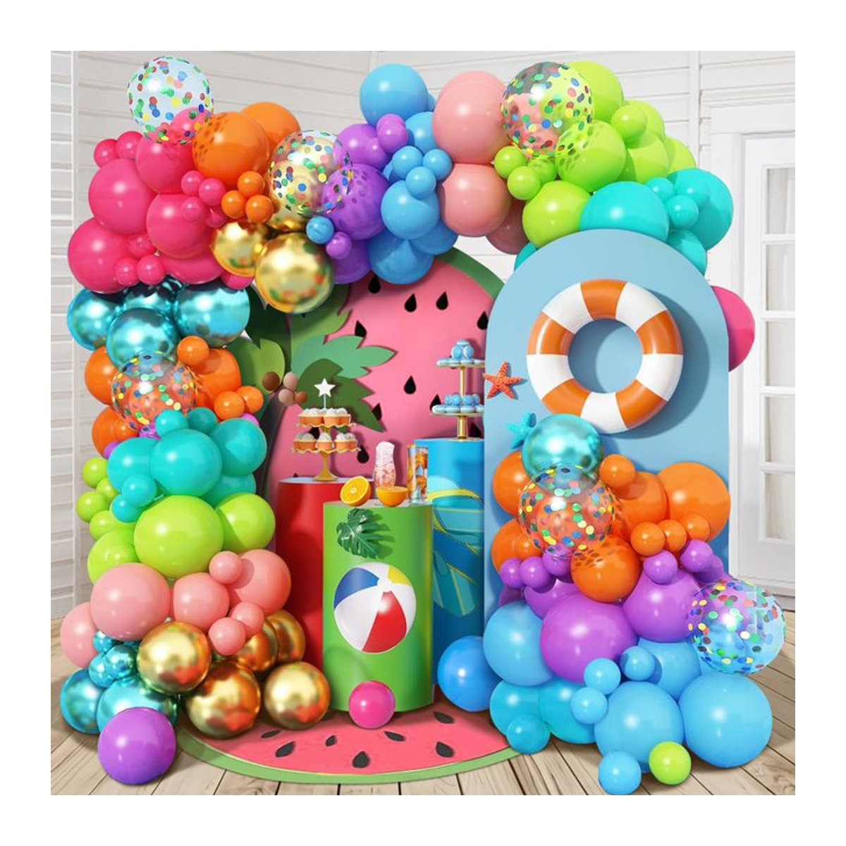 132-teiliges Pool-Party-Ballonbogen-Set mit bunten Pailletten in Rosa, Lila, Orange, Blau und Grün - Bild 1