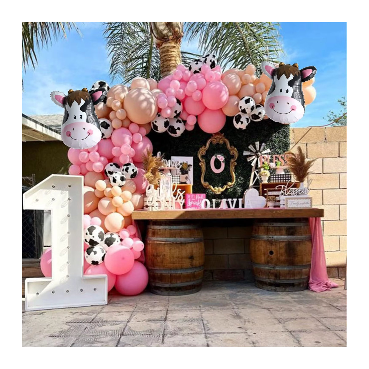 136-teiliges Bauernhof Party Deko Set mit Kuh-Motiv: Rosa und weiße Latex-Ballongirlande für Kindergeburtstage und Landhaus-Dekorationen - Bild 2
