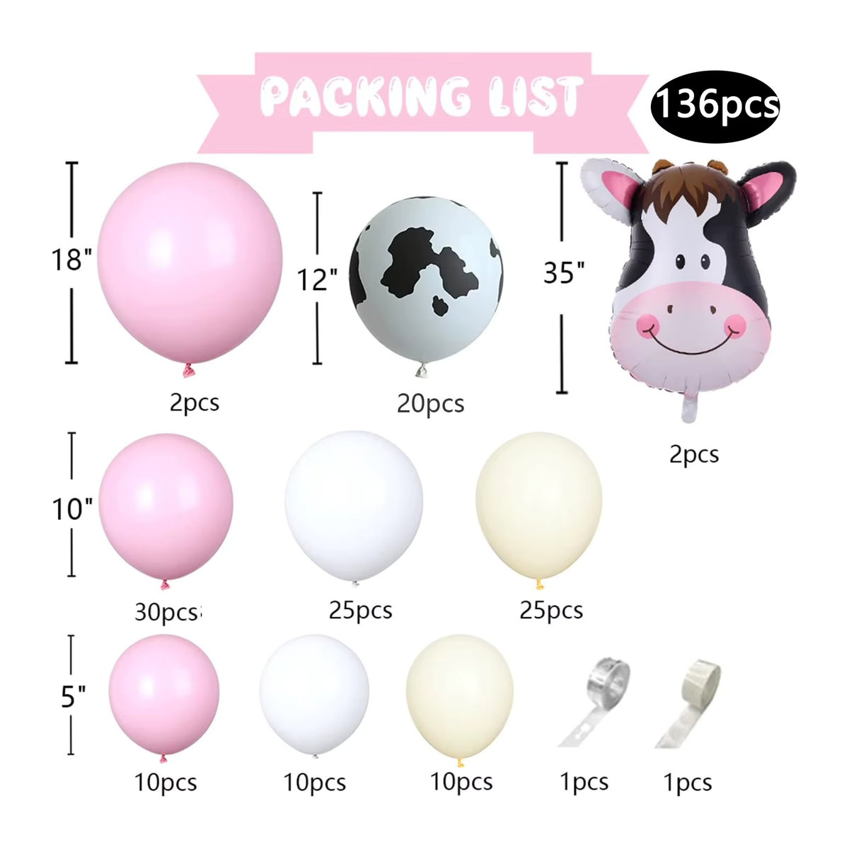 136-teiliges Bauernhof Party Deko Set mit Kuh-Motiv: Rosa und weiße Latex-Ballongirlande für Kindergeburtstage und Landhaus-Dekorationen - Bild 5