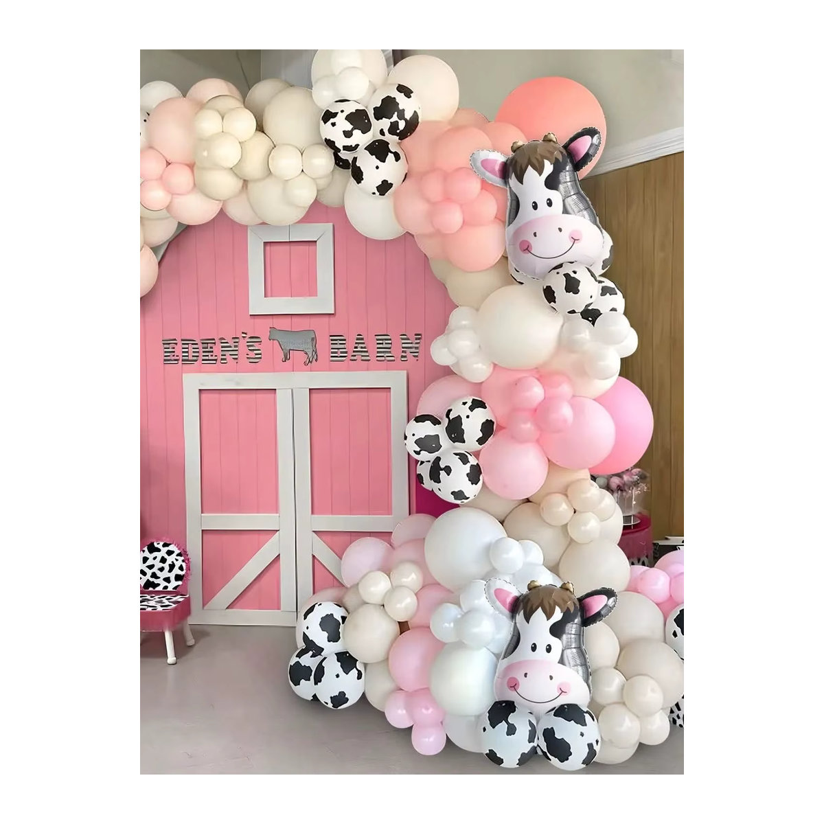 136-teiliges Bauernhof Party Deko Set mit Kuh-Motiv: Rosa und weiße Latex-Ballongirlande für Kindergeburtstage und Landhaus-Dekorationen - Bild 6