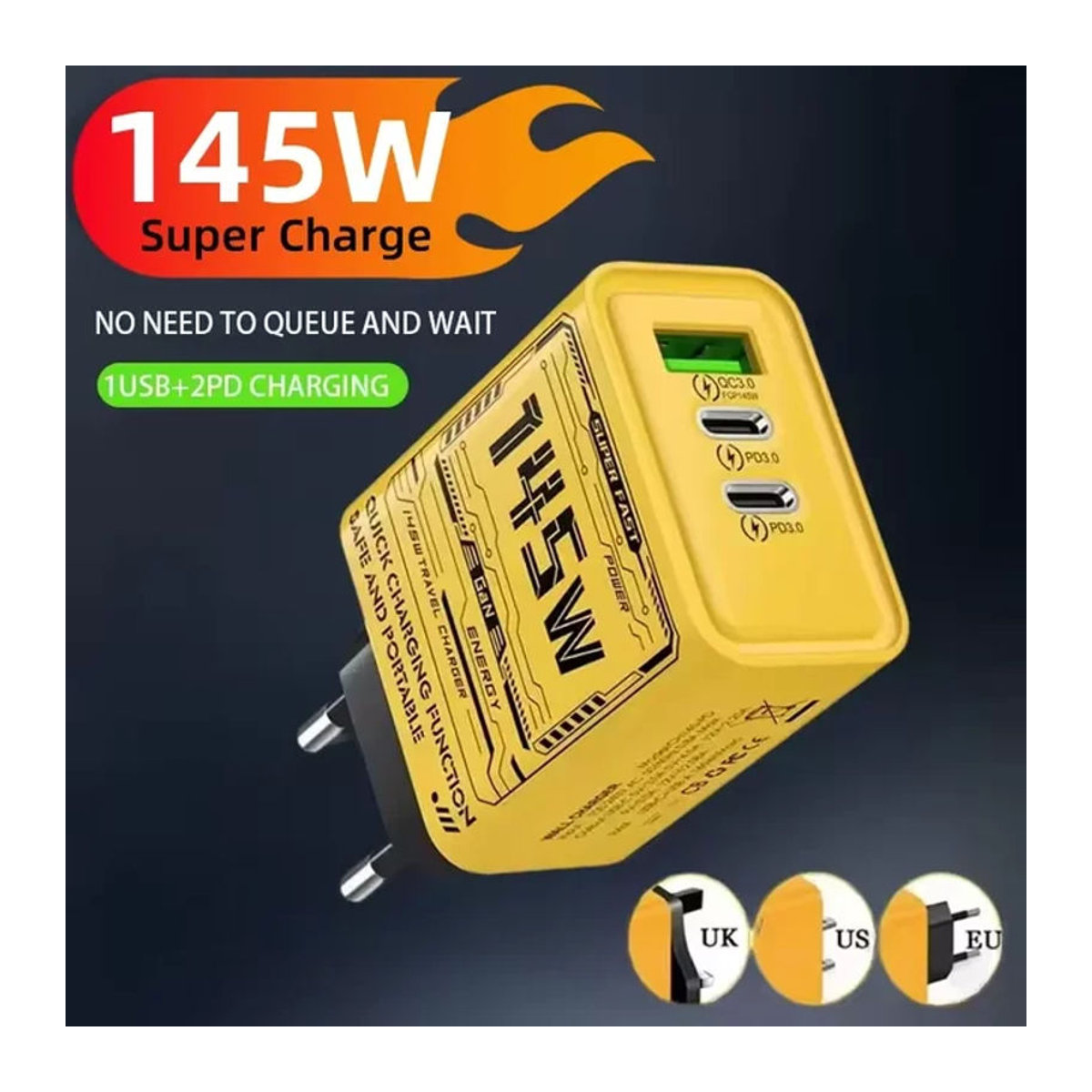 145 W Schnellladegerät mit 3 Ports Typ-C und USB in Gelb für iPhone und Samsung mit US/EU/UK Stecker - Bild 1