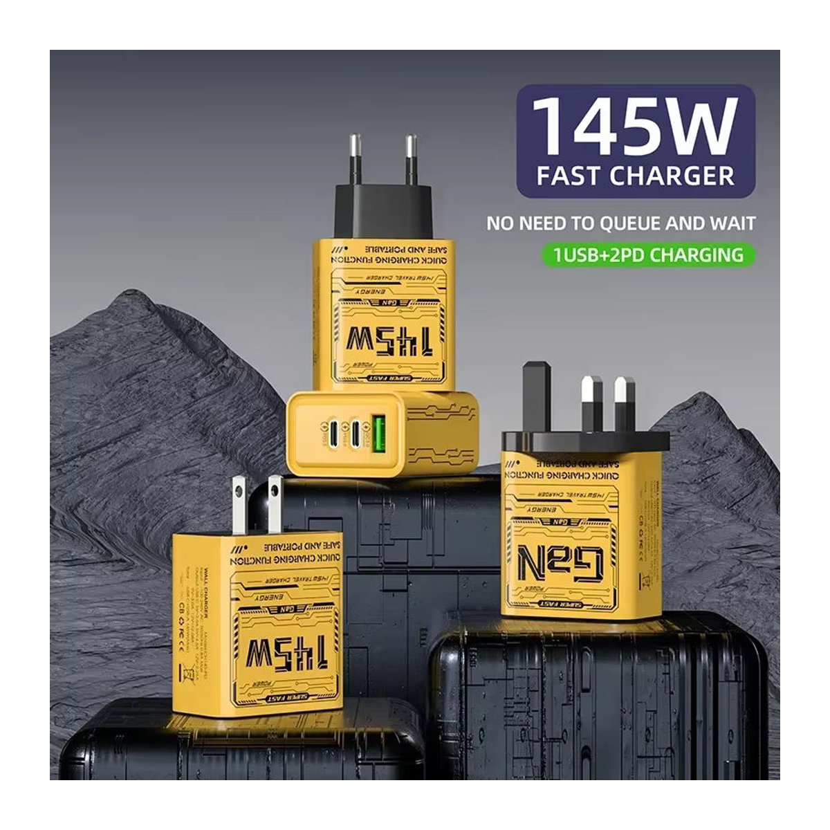 145 W Schnellladegerät mit 3 Ports Typ-C und USB in Gelb für iPhone und Samsung mit US/EU/UK Stecker - Bild 2