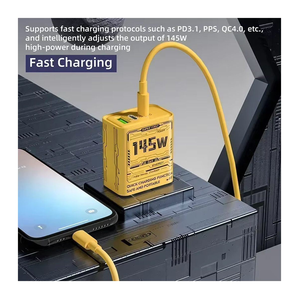 145 W Schnellladegerät mit 3 Ports Typ-C und USB in Gelb für iPhone und Samsung mit US/EU/UK Stecker - Bild 4