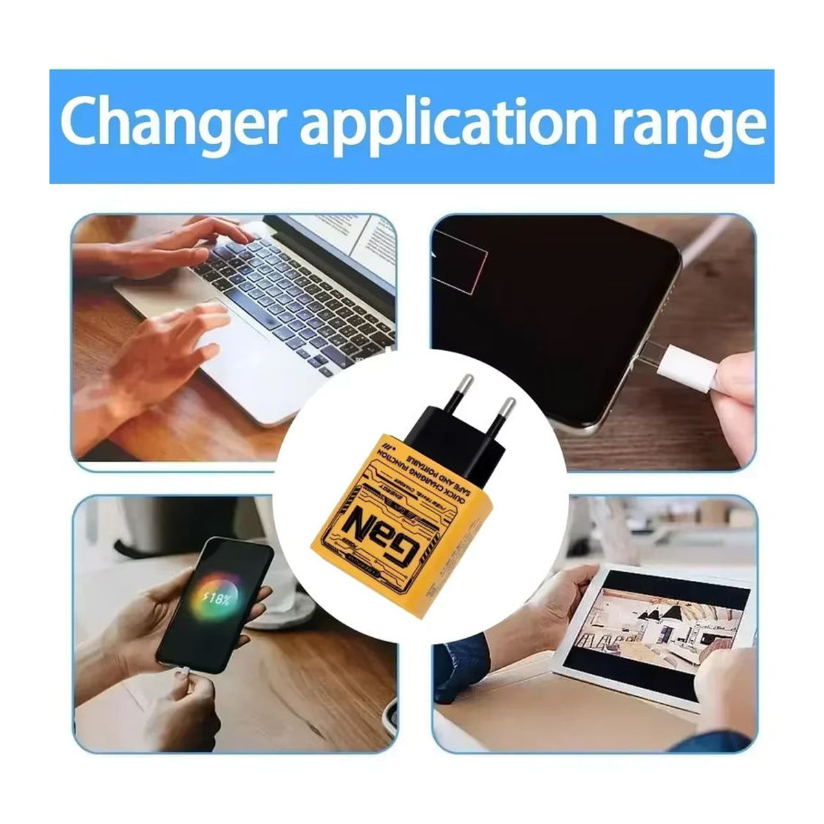 145 W Schnellladegerät mit 3 Ports Typ-C und USB in Gelb für iPhone und Samsung mit US/EU/UK Stecker - Bild 5