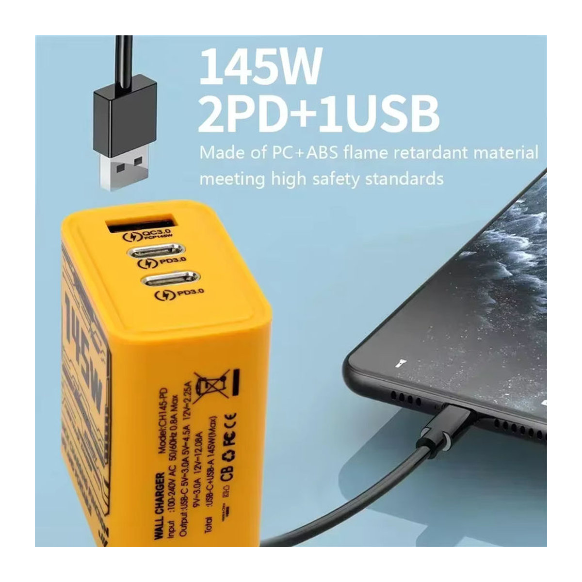 145 W Schnellladegerät mit 3 Ports Typ-C und USB in Gelb für iPhone und Samsung mit US/EU/UK Stecker - Bild 6