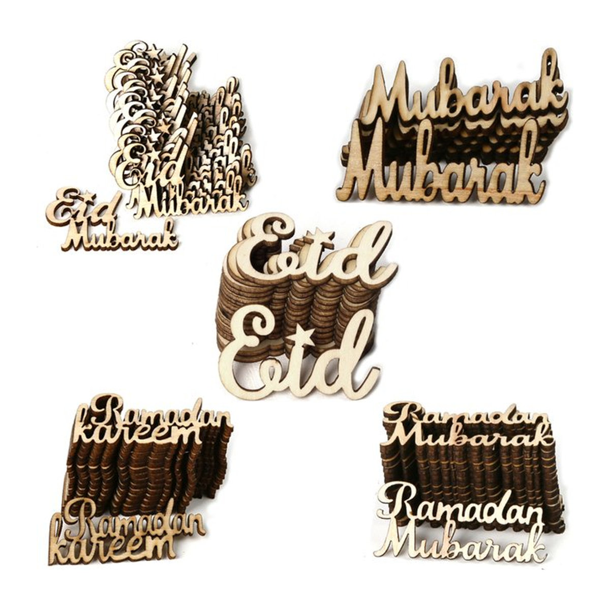 15 Stück WEIGAO Ramadan Eid Mubarak Holz Chips in Braun für Bastelarbeiten und Tischdekoration - Bild 1