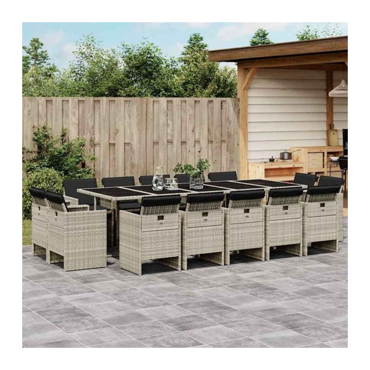 15-teilige moderne Garten-Essgruppe aus Poly-Rattan mit Kissen in Hellgrau von vidaxl - Bild 1