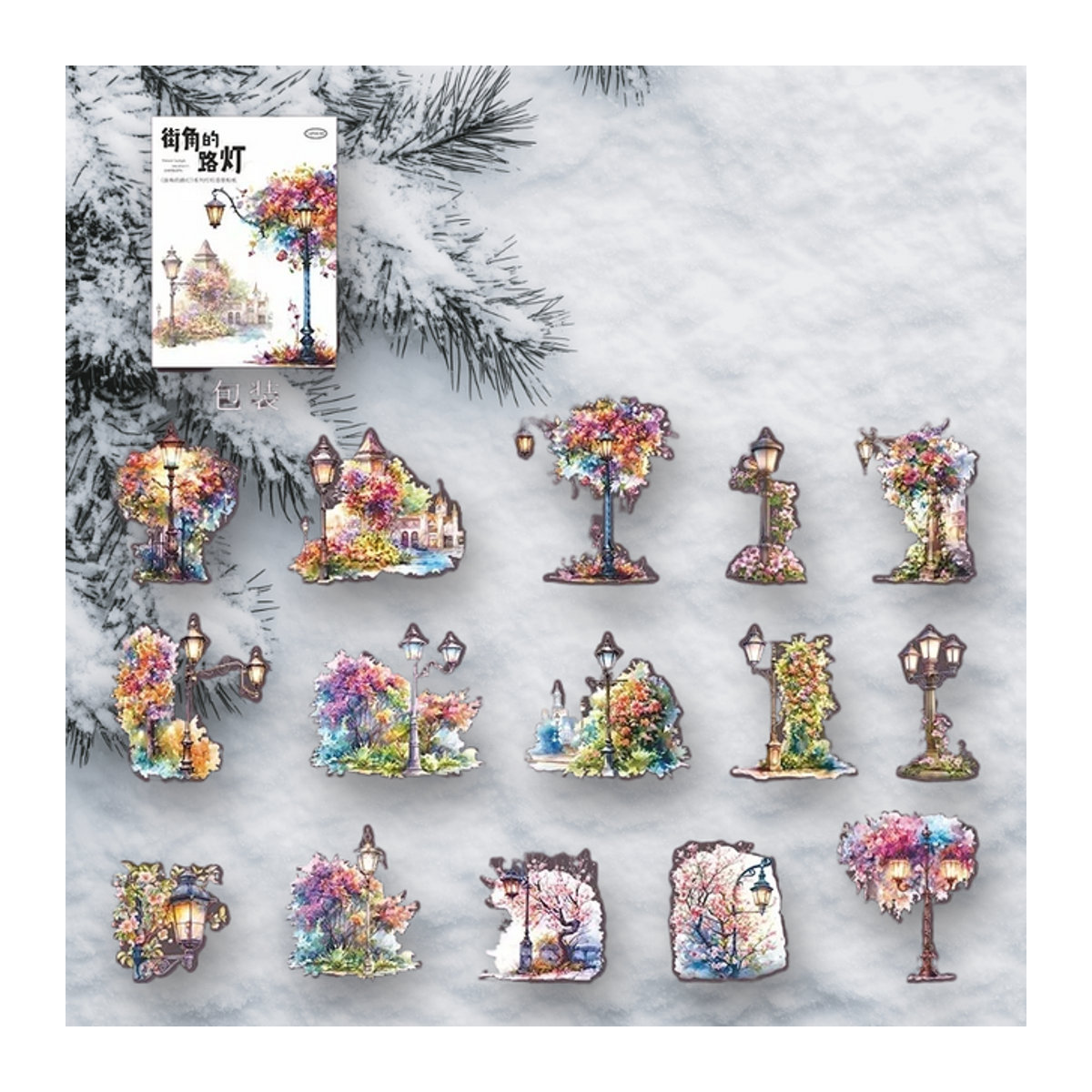 15-teiliges Set unregelmäßig gestanzte PET Aufkleber mit floralen Laternenpfahl und Landschaft Motiven in Mehrfarbig - Bild 1