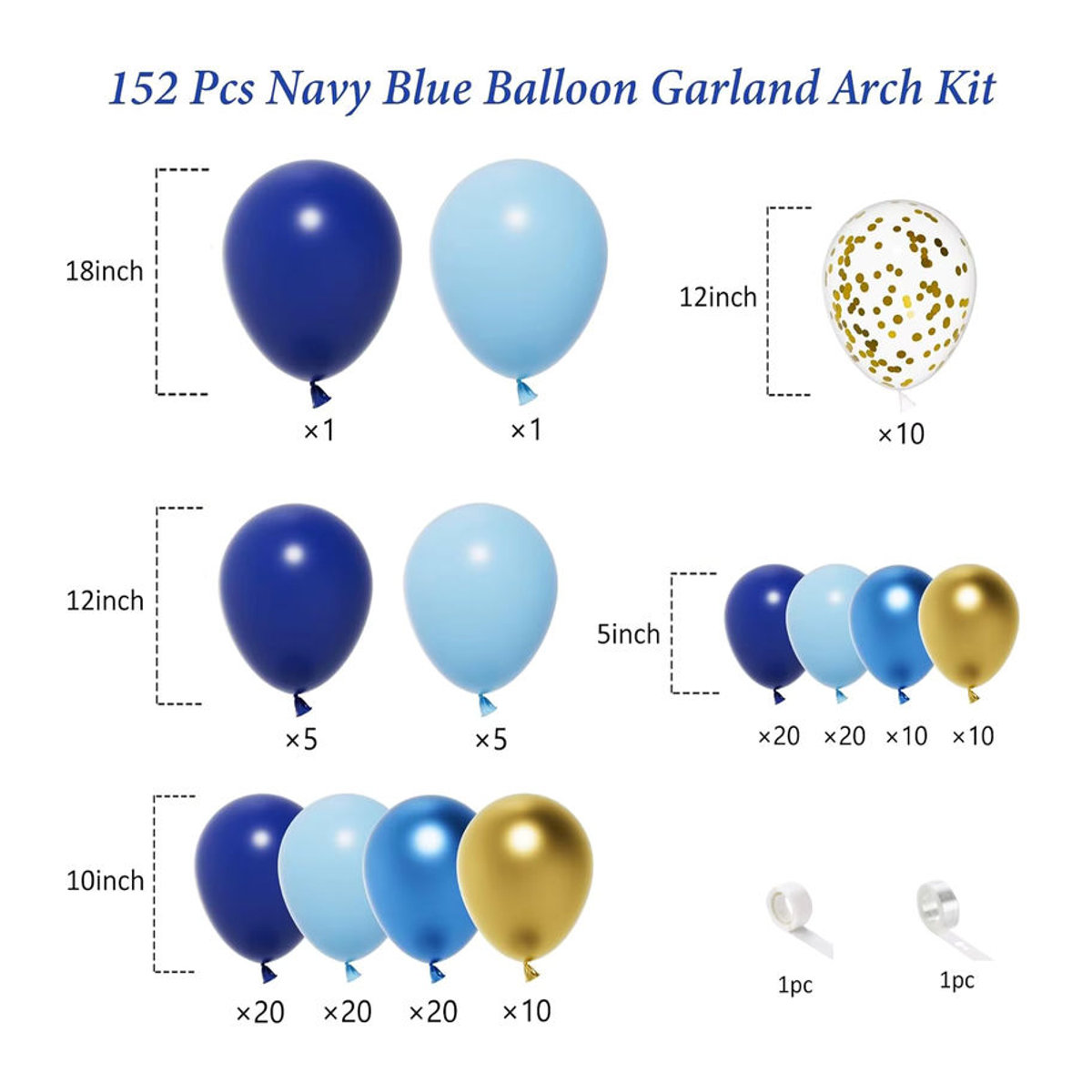152-teiliges Latex-Ballon-Set in Blau und Gold für deine Geburtstags-, Hochzeits- oder Valentinstags-Dekoration - Bild 2