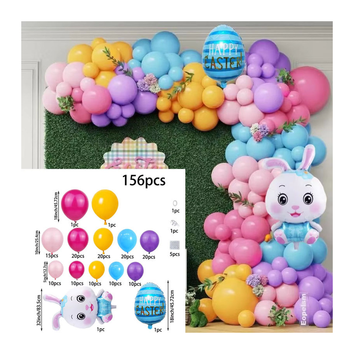 156 Stück Osterei-Luftballon-Set mit Osterhasen-Motiven für deine Oster- und Geburtstagsdekoration, mehrfarbig - Bild 2