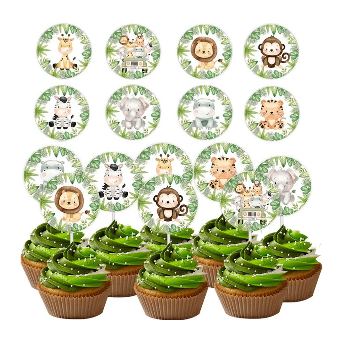 16 Stück Dschungel Tier Cupcake Topper aus Papier in Rund mit Tiger, Löwe und Affe für Kinder Geburtstag Party und DIY Kuchen Dekorationen, Mehrfarbig - Bild 1