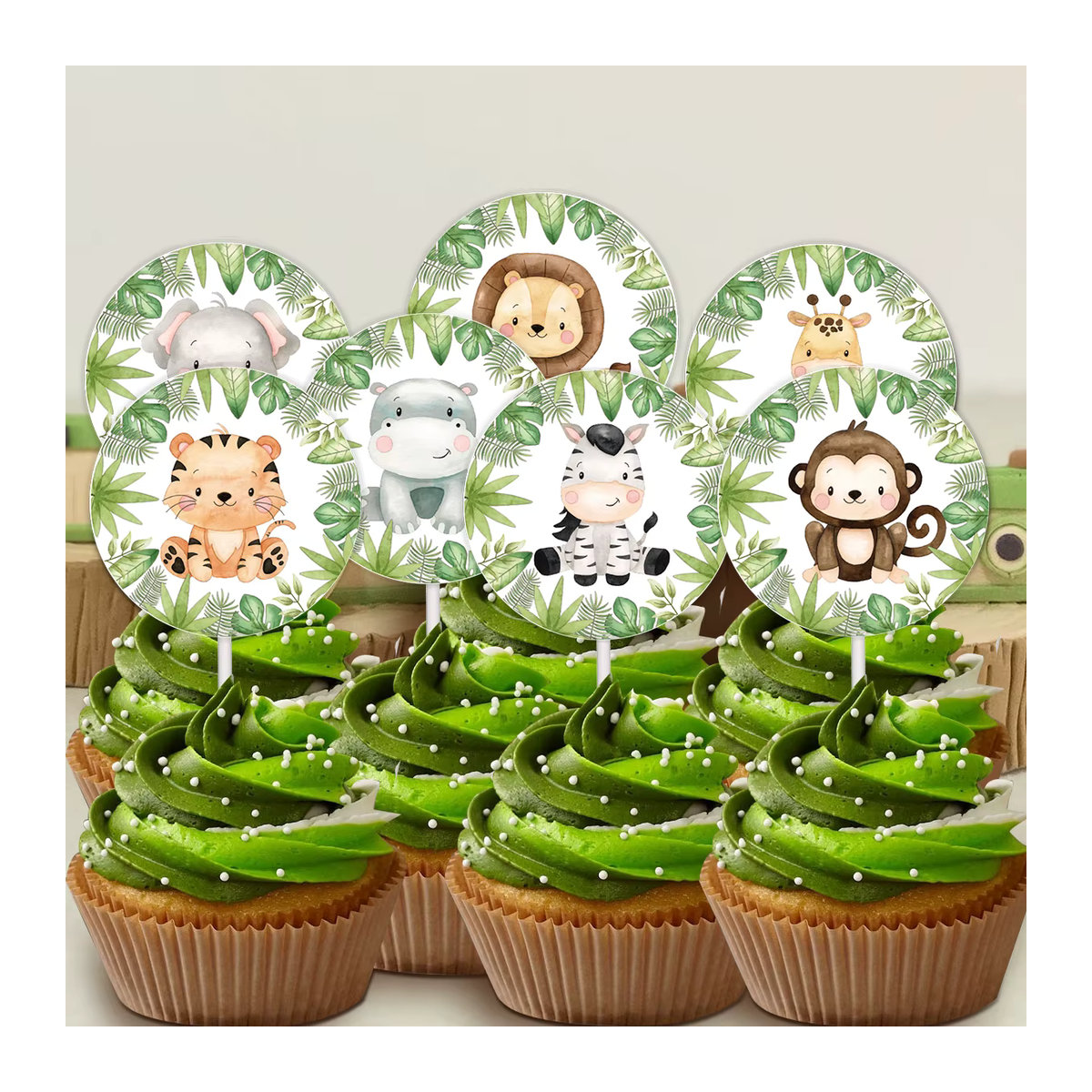 16 Stück Dschungel Tier Cupcake Topper aus Papier in Rund mit Tiger, Löwe und Affe für Kinder Geburtstag Party und DIY Kuchen Dekorationen, Mehrfarbig - Bild 3