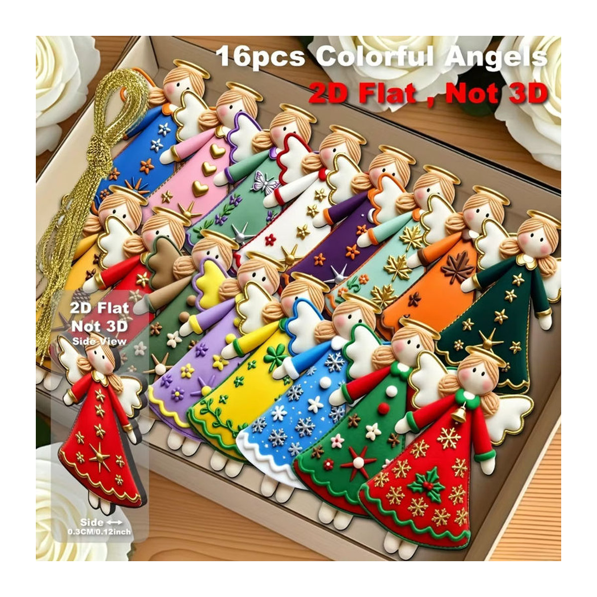 16 Stück DUTRIEUX Holz-Engel-Hängeornamente mit goldenen Sternen und Schleifen zur Weihnachtsdekoration, mehrfarbig - Bild 2
