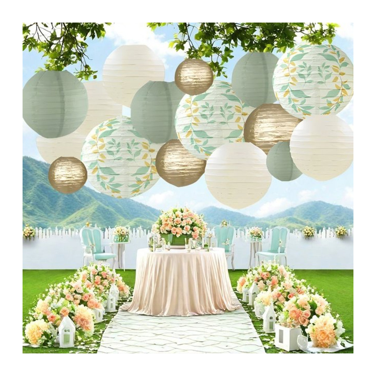 16 Stück runde Papierlaternen in Grau und Grün mit floralem Design für deine Partydekoration bei Abschlussfeiern, Geburtstagen oder Baby-Waschzeremonien - Bild 1