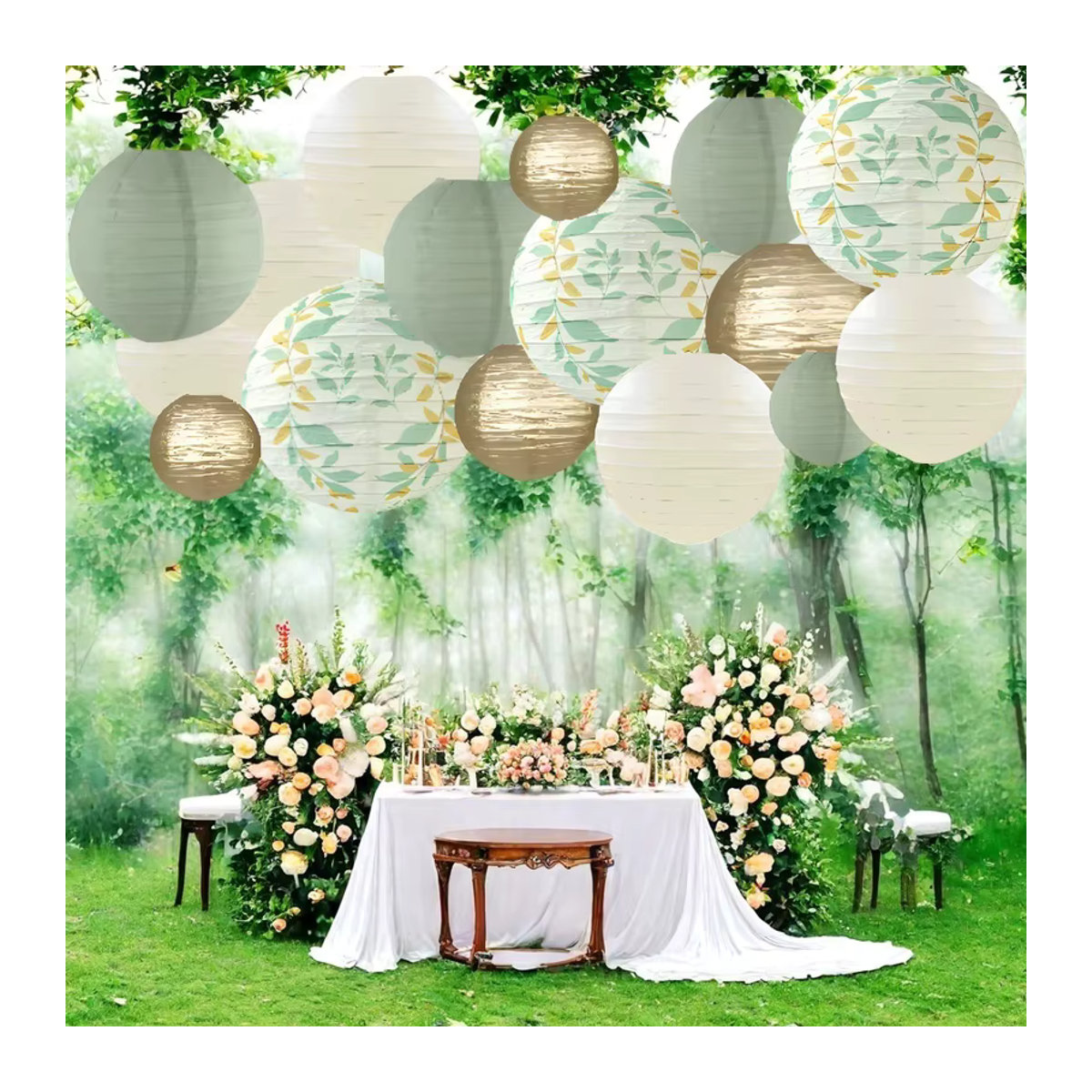 16 Stück runde Papierlaternen in Grau und Grün mit floralem Design für deine Partydekoration bei Abschlussfeiern, Geburtstagen oder Baby-Waschzeremonien - Bild 2