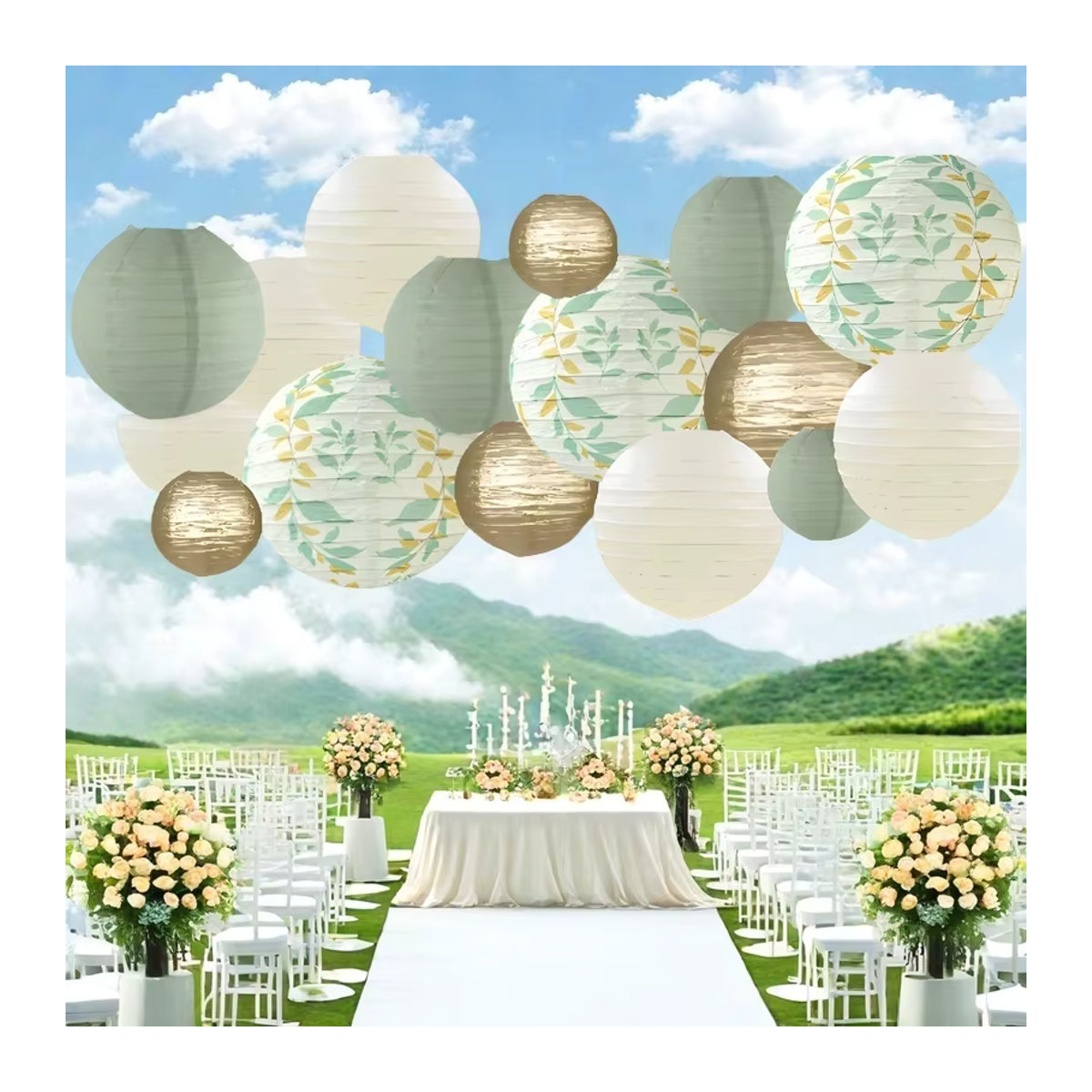 16 Stück runde Papierlaternen in Grau und Grün mit floralem Design für deine Partydekoration bei Abschlussfeiern, Geburtstagen oder Baby-Waschzeremonien - Bild 3
