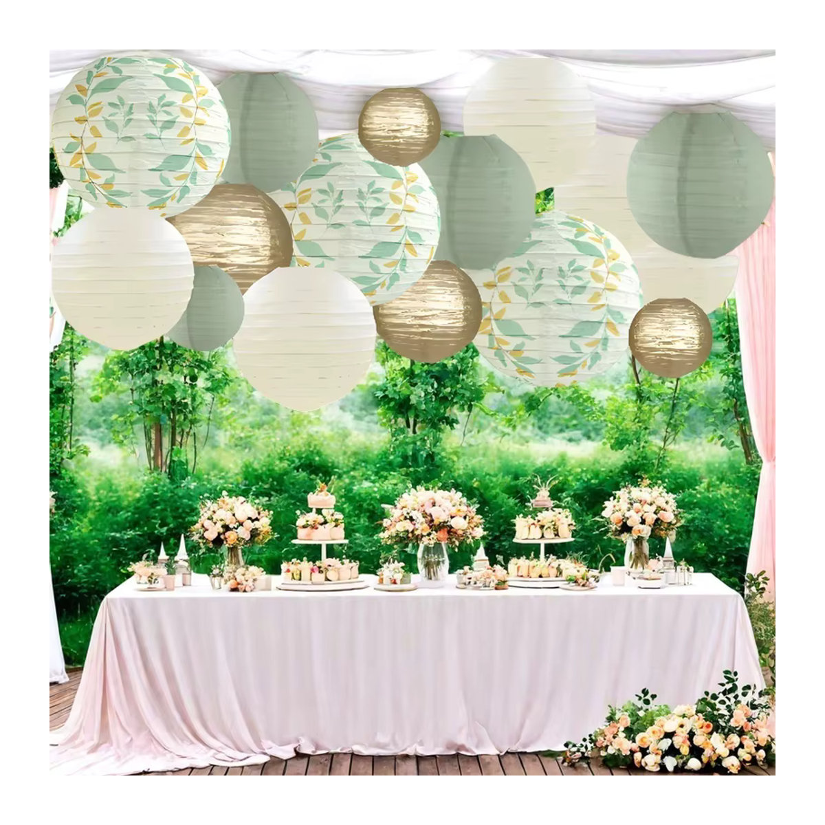 16 Stück runde Papierlaternen in Grau und Grün mit floralem Design für deine Partydekoration bei Abschlussfeiern, Geburtstagen oder Baby-Waschzeremonien - Bild 4