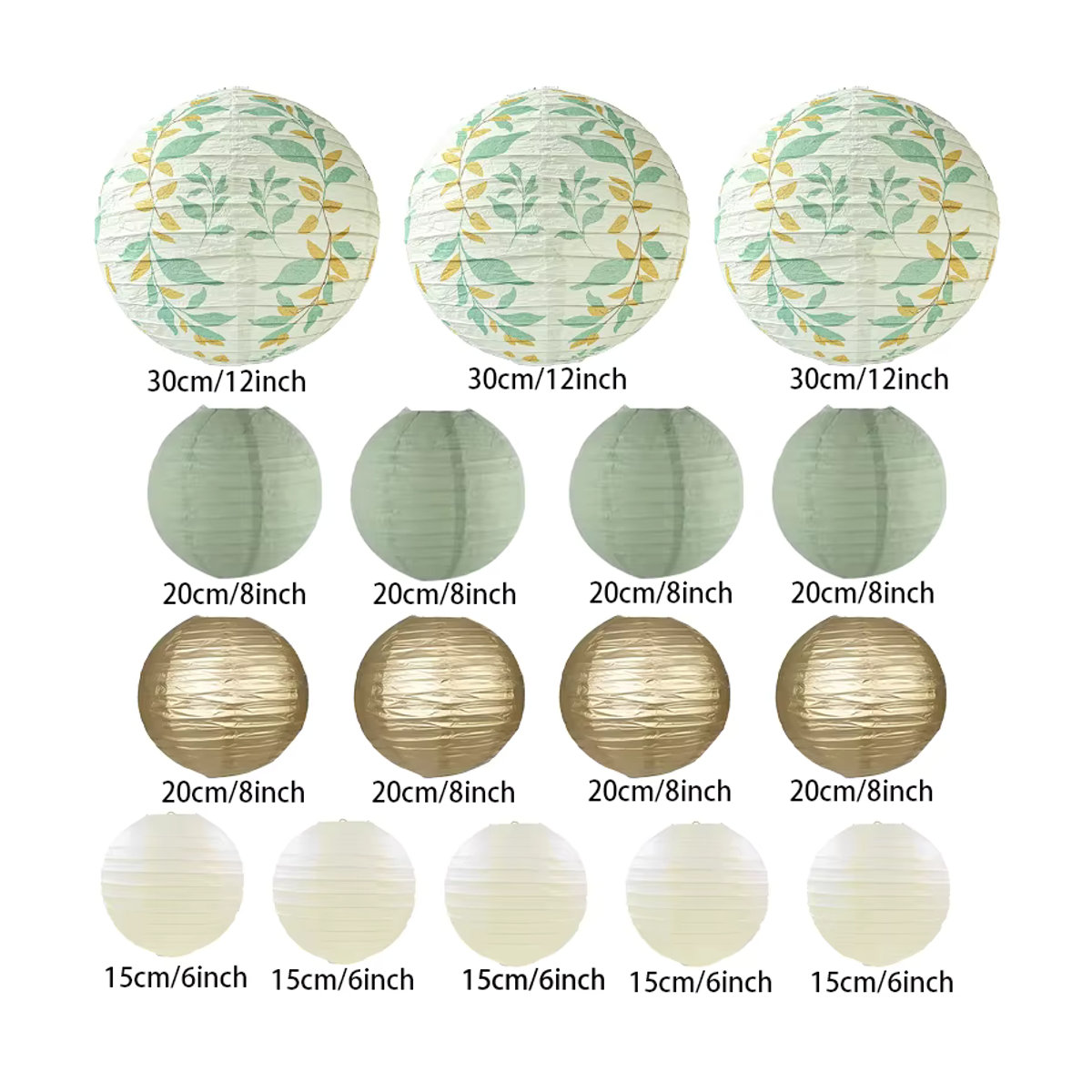 16 Stück runde Papierlaternen in Grau und Grün mit floralem Design für deine Partydekoration bei Abschlussfeiern, Geburtstagen oder Baby-Waschzeremonien - Bild 5