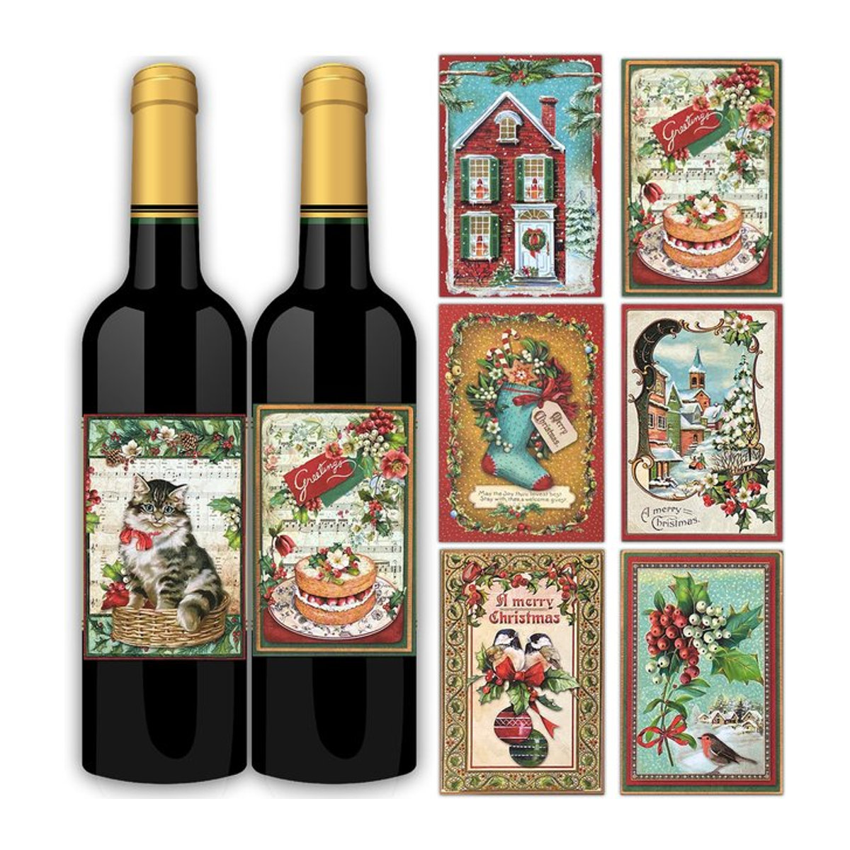 16 Stück Tissy Weinflasche Aufkleber im Vintage Design für Weihnachten, rechteckige Papier Aufkleber in Mehrfarbig - Bild 1
