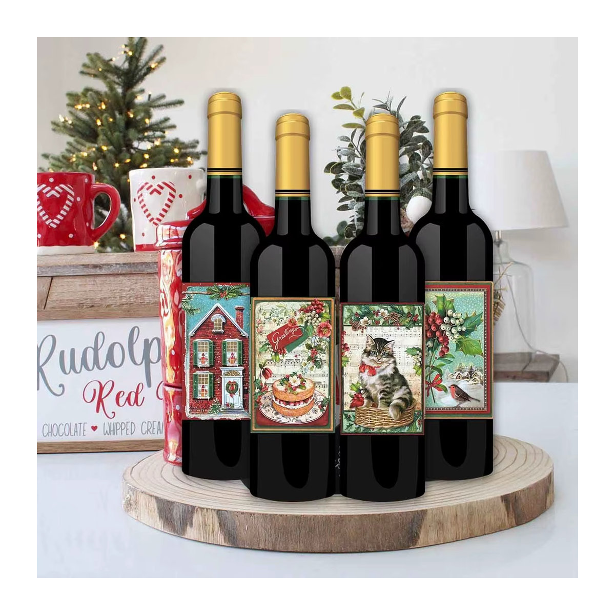16 Stück Tissy Weinflasche Aufkleber im Vintage Design für Weihnachten, rechteckige Papier Aufkleber in Mehrfarbig - Bild 2