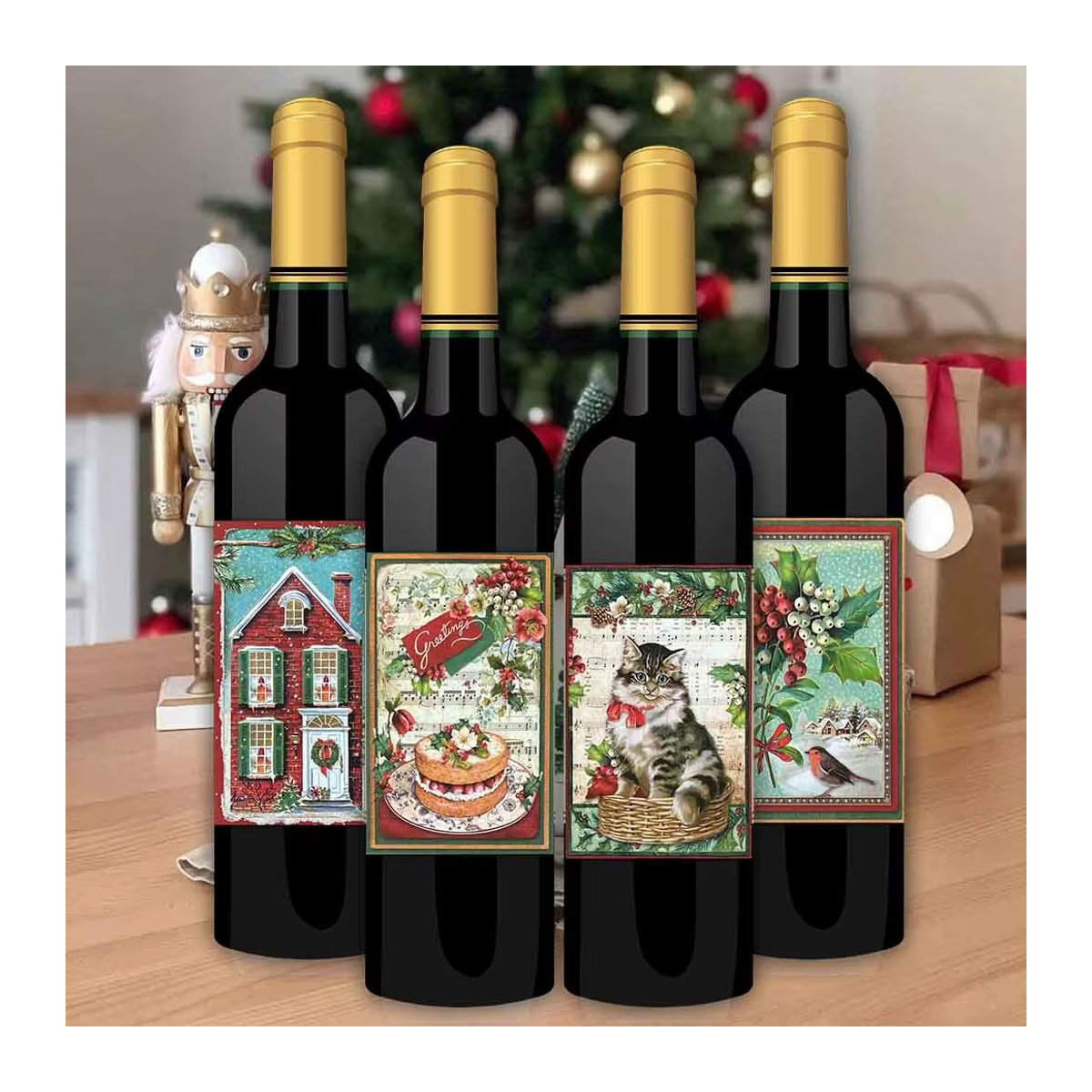 16 Stück Tissy Weinflasche Aufkleber im Vintage Design für Weihnachten, rechteckige Papier Aufkleber in Mehrfarbig - Bild 4