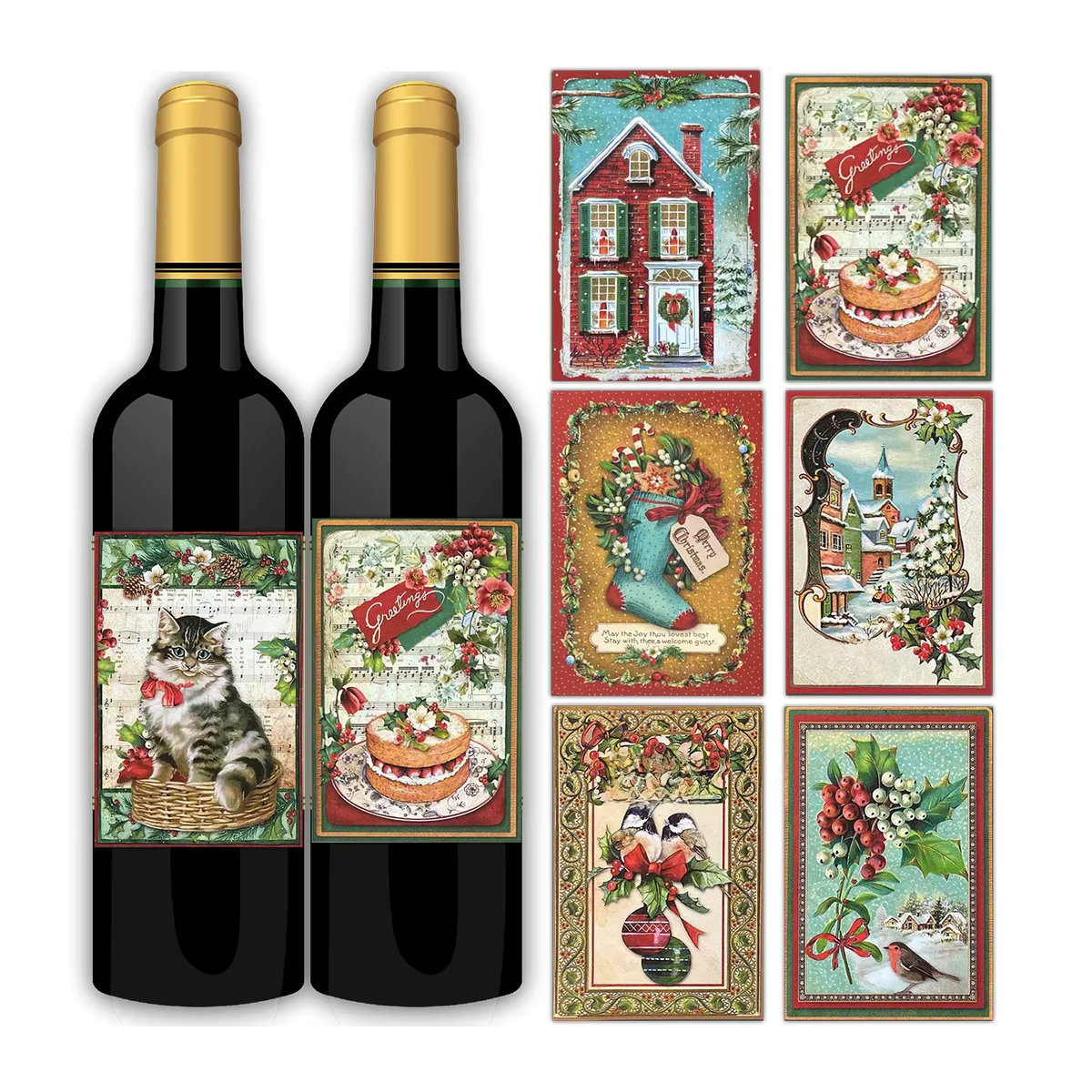 16 Stück Tissy Weinflasche Aufkleber im Vintage Design für Weihnachten, rechteckige Papier Aufkleber in Mehrfarbig - Bild 5