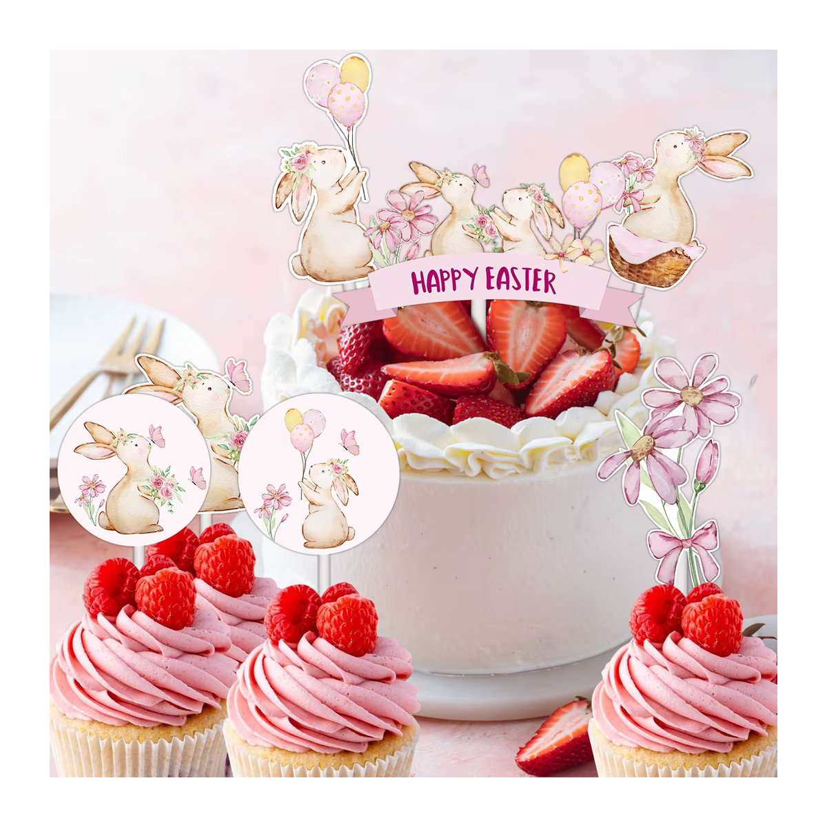 16er Set Osterhase Topper aus Papier in Rosa für deine Oster-Dekoration und DIY Kuchenverzierung - Bild 4