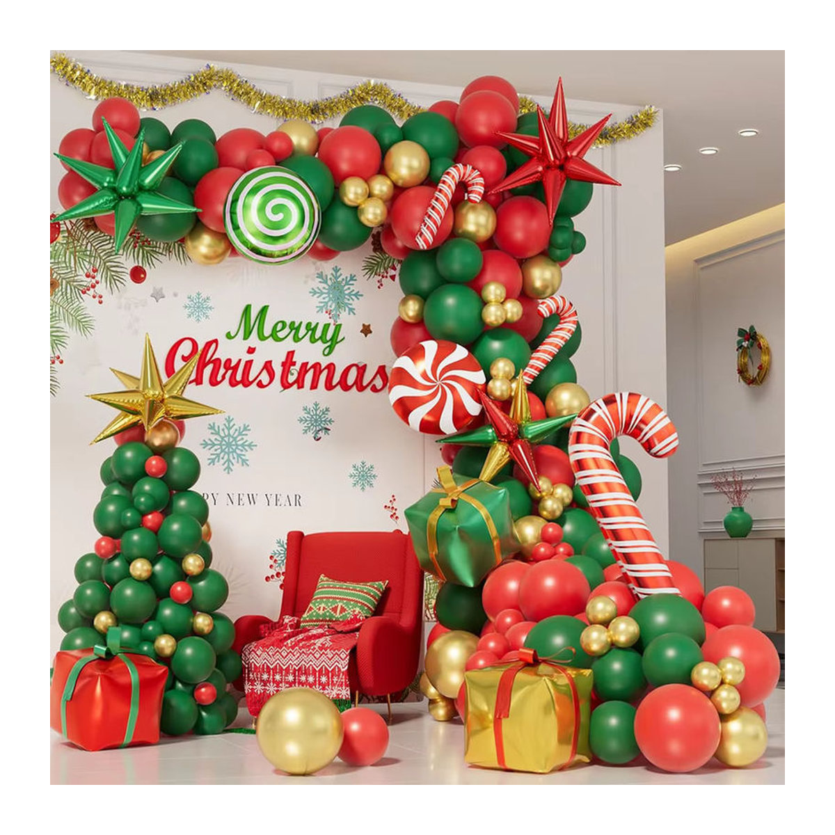171-teiliges Weihnachts-Ballon-Girlanden-Set mit Ballonbogen-Kit in Rot, Grün und Gold inklusive Sternen und Dekorationselementen - Bild 5