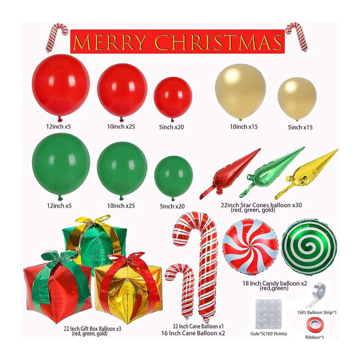 171-teiliges Weihnachts-Ballon-Girlanden-Set mit Ballonbogen-Kit in Rot, Grün und Gold inklusive Sternen und Dekorationselementen - Bild 6