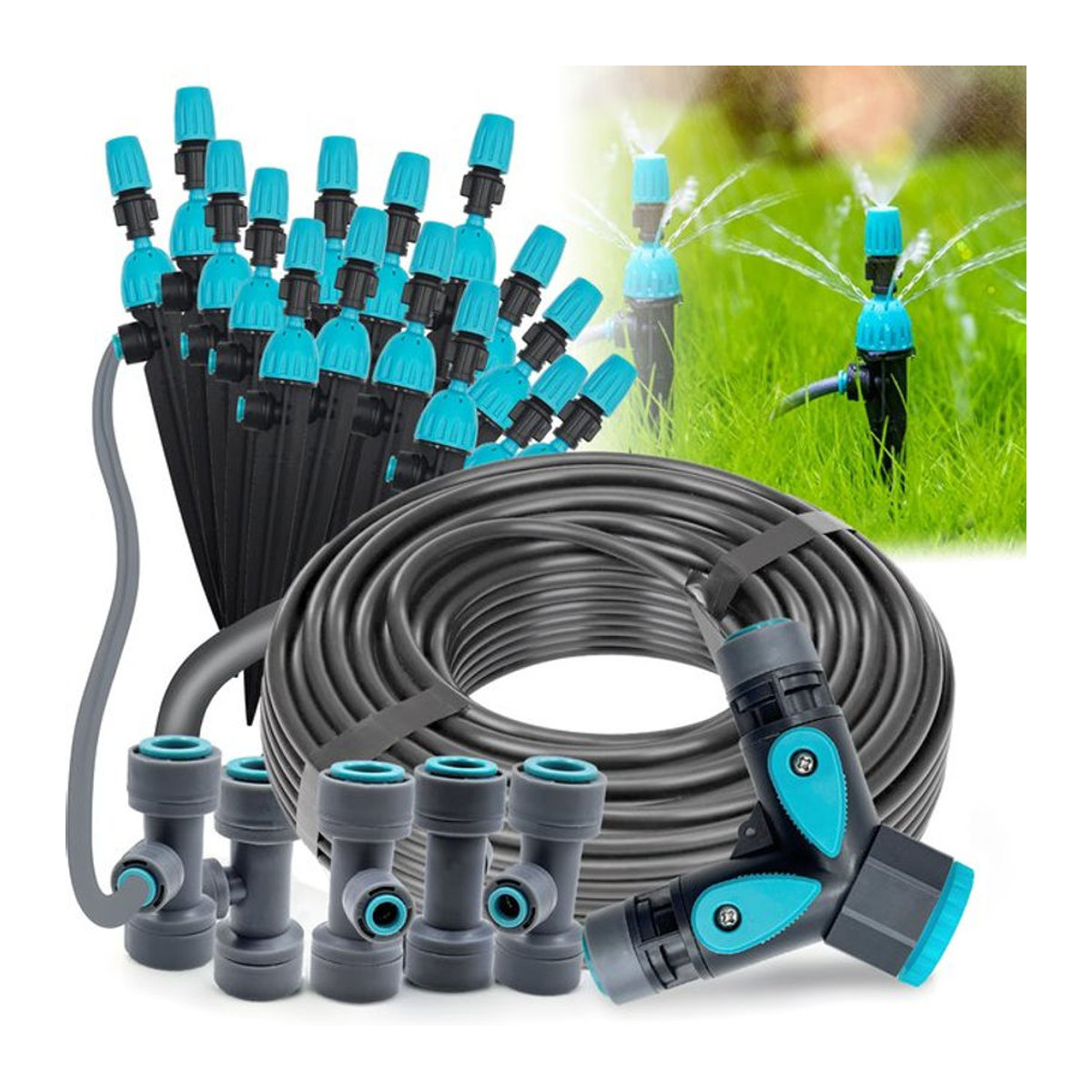 2-in-1 Gartenbewässerungssystem mit 12 mm PE-Schlauch und 360 Grad einstellbarem Micro-Dripper Sprayer in Schwarz/Weiß - Bild 1