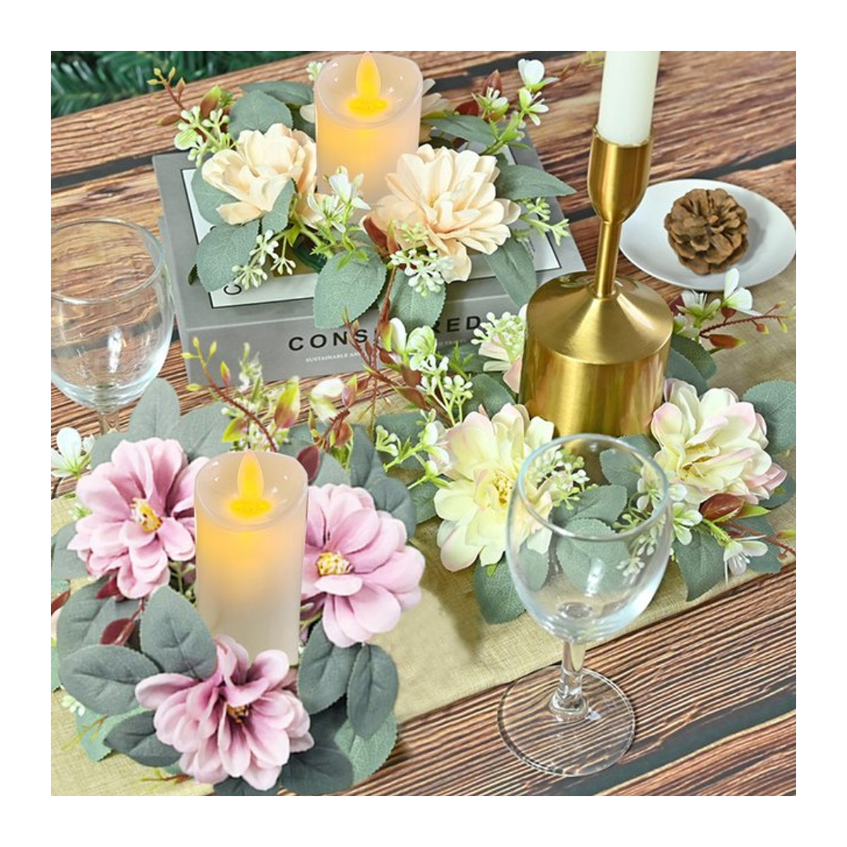 2 Stück Florale Kerzenringe mit künstlichen Dahlien in Gelb und Mehrfarbig für Teelichter - Bild 1