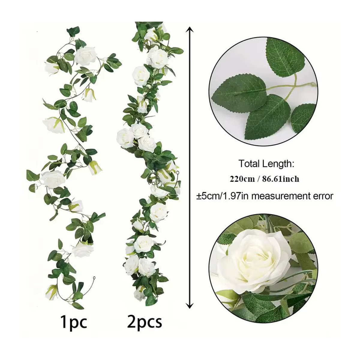 2 Stück künstliche Girlande mit weißen Rosen und Efeu in Weiß und Grün für Hochzeiten und Weihnachtsdekoration, Länge: 220 cm - Bild 2