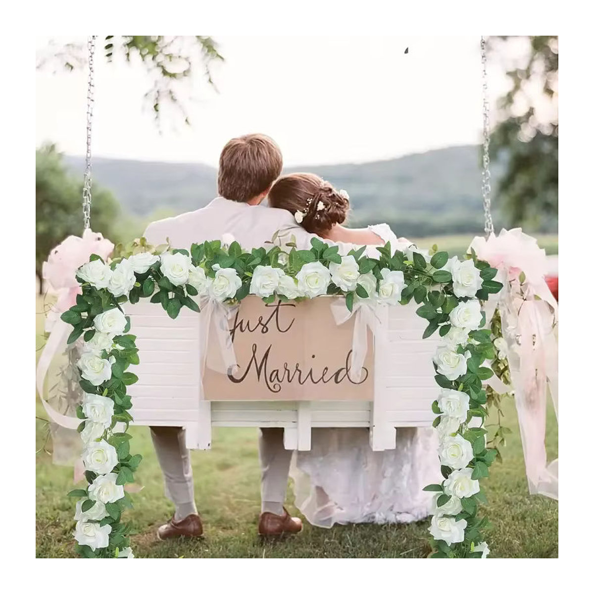 2 Stück künstliche Girlande mit weißen Rosen und Efeu in Weiß und Grün für Hochzeiten und Weihnachtsdekoration, Länge: 220 cm - Bild 5